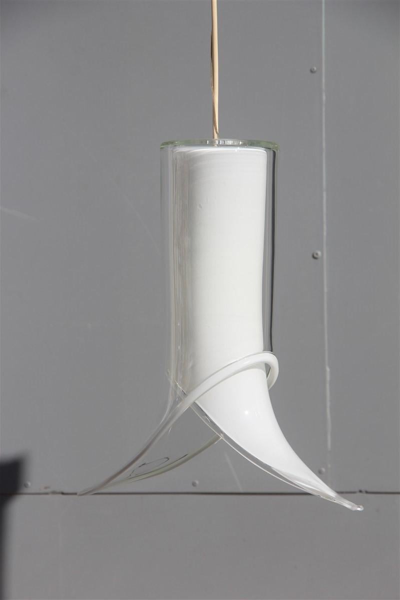 Lantern Pair of Ceiling Lamps Murano Mazzega Design 1970 White Transparent Glass For Sale 3