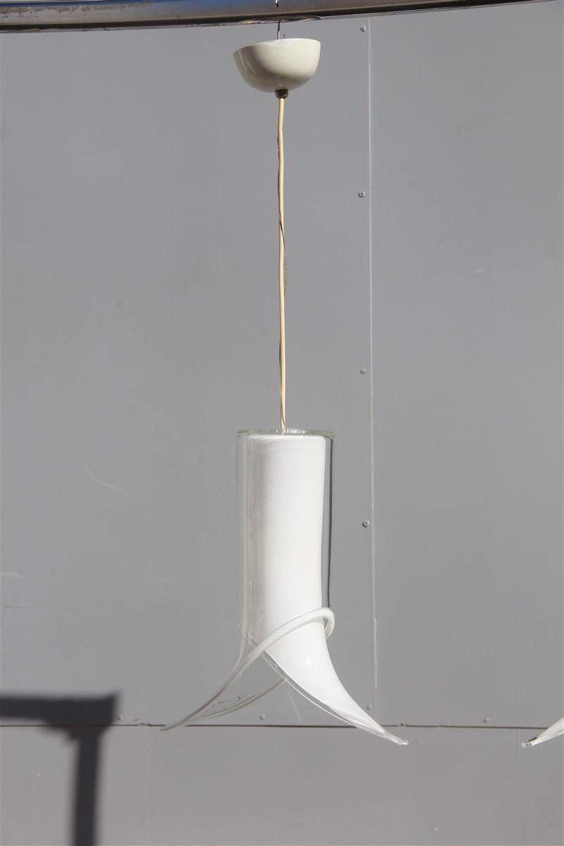 Lantern Pair of Ceiling Lamps Murano Mazzega Design 1970 White Transparent Glass For Sale 4