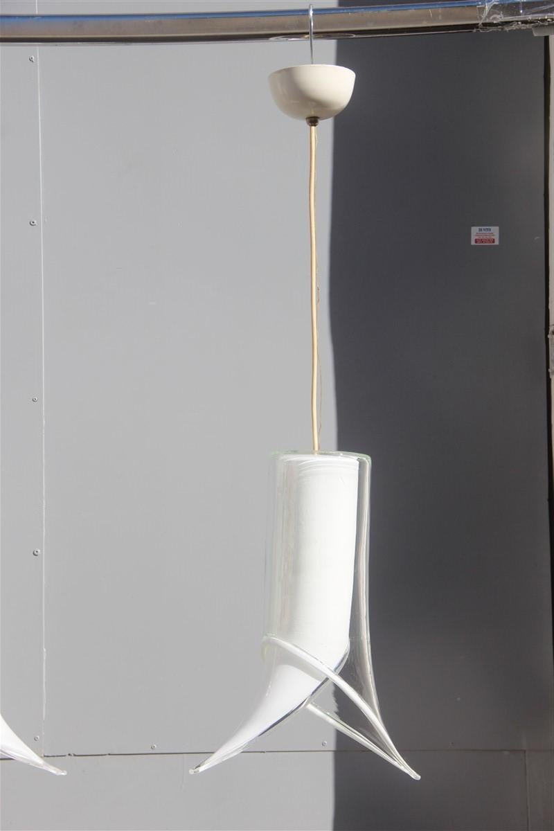 Lantern Pair of Ceiling Lamps Murano Mazzega Design 1970 White Transparent Glass For Sale 5