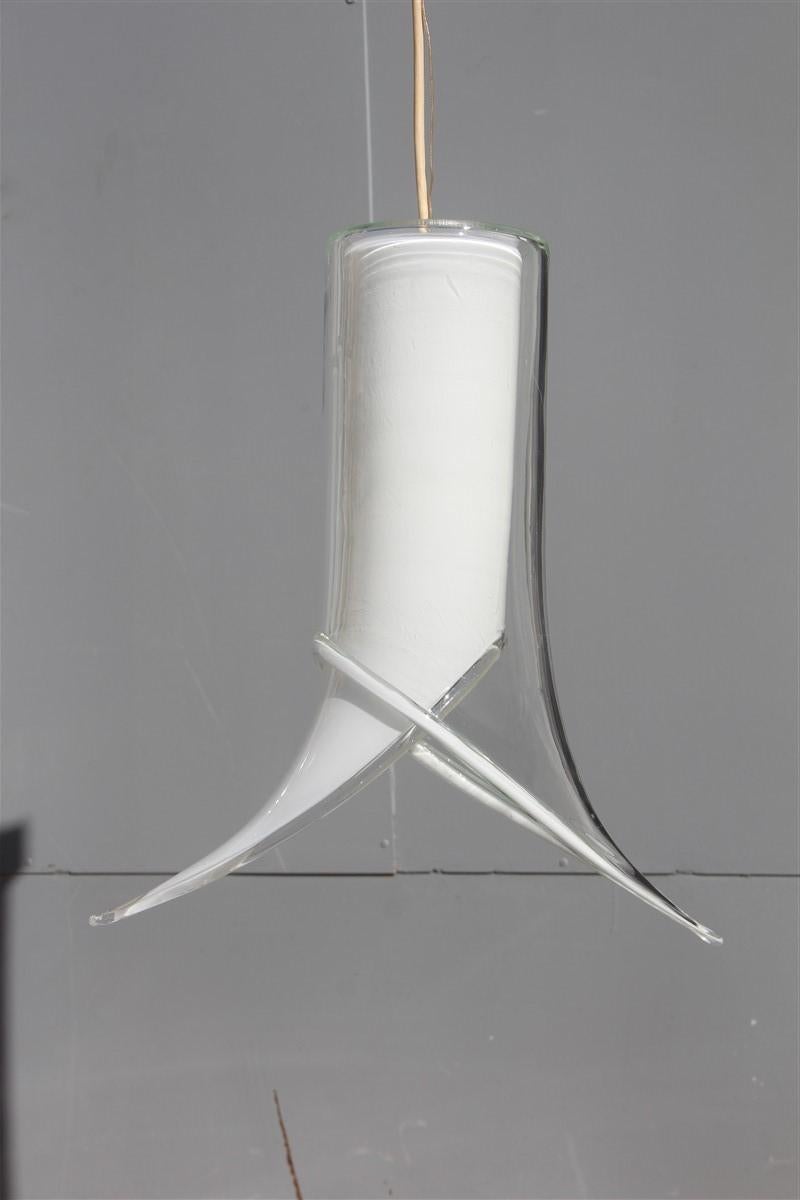 Lantern Pair of Ceiling Lamps Murano Mazzega Design 1970 White Transparent Glass For Sale 6