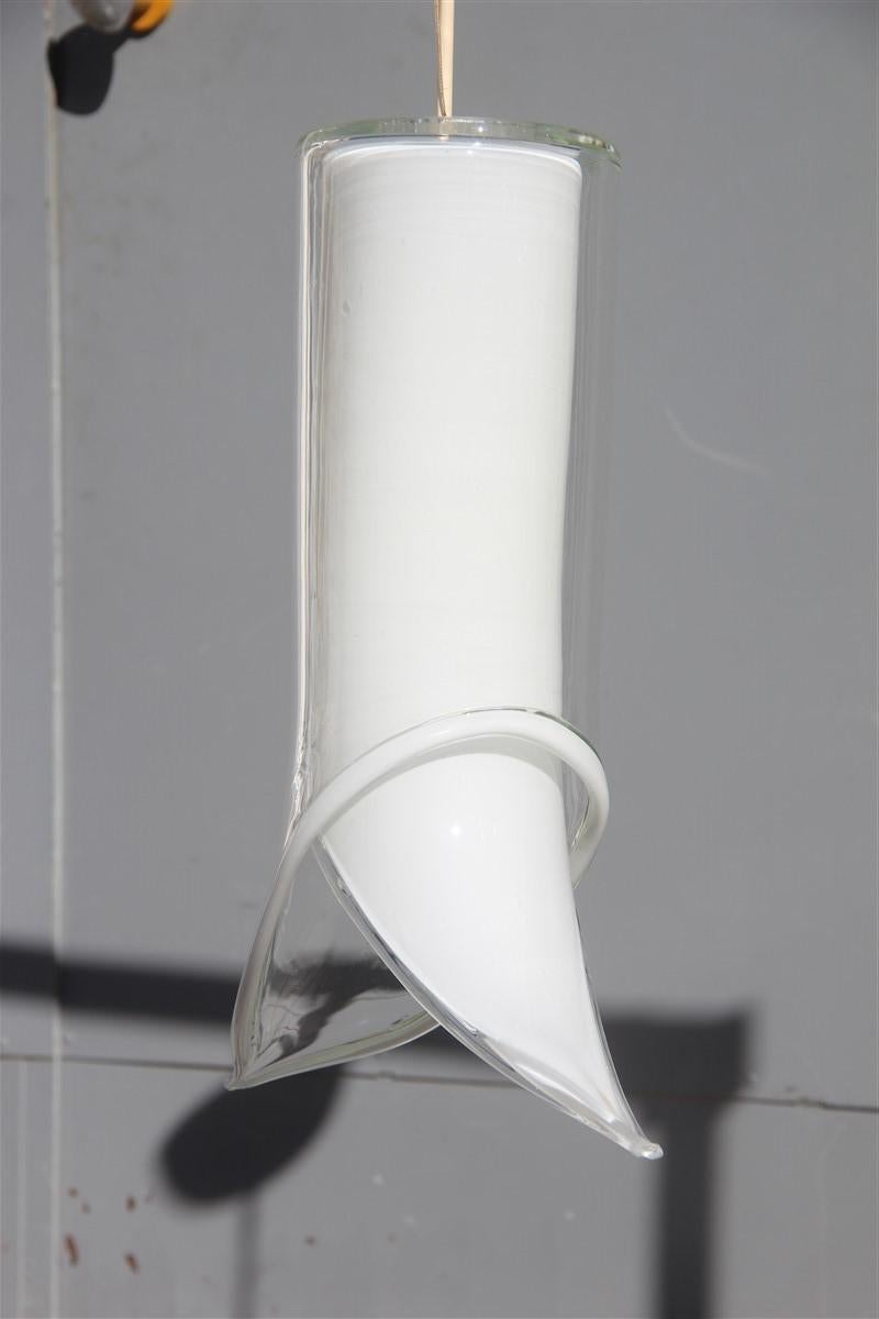 Lantern Pair of Ceiling Lamps Murano Mazzega Design 1970 White Transparent Glass For Sale 7