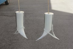Lantern Pair of Ceiling Lamps Murano Mazzega Design 1970 White Transparent Glass