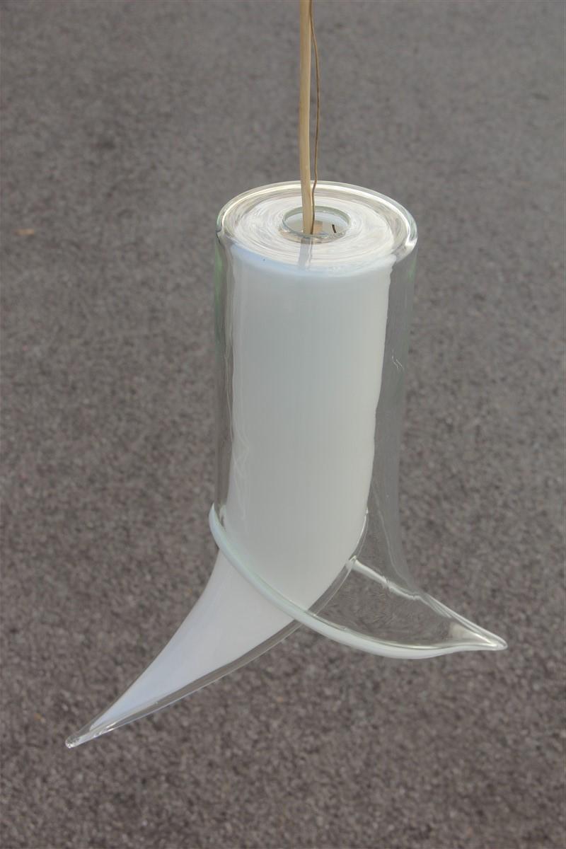 Mid-Century Modern Lantern Pair of Ceiling Lamps Murano Mazzega Design 1970 White Transparent Glass For Sale