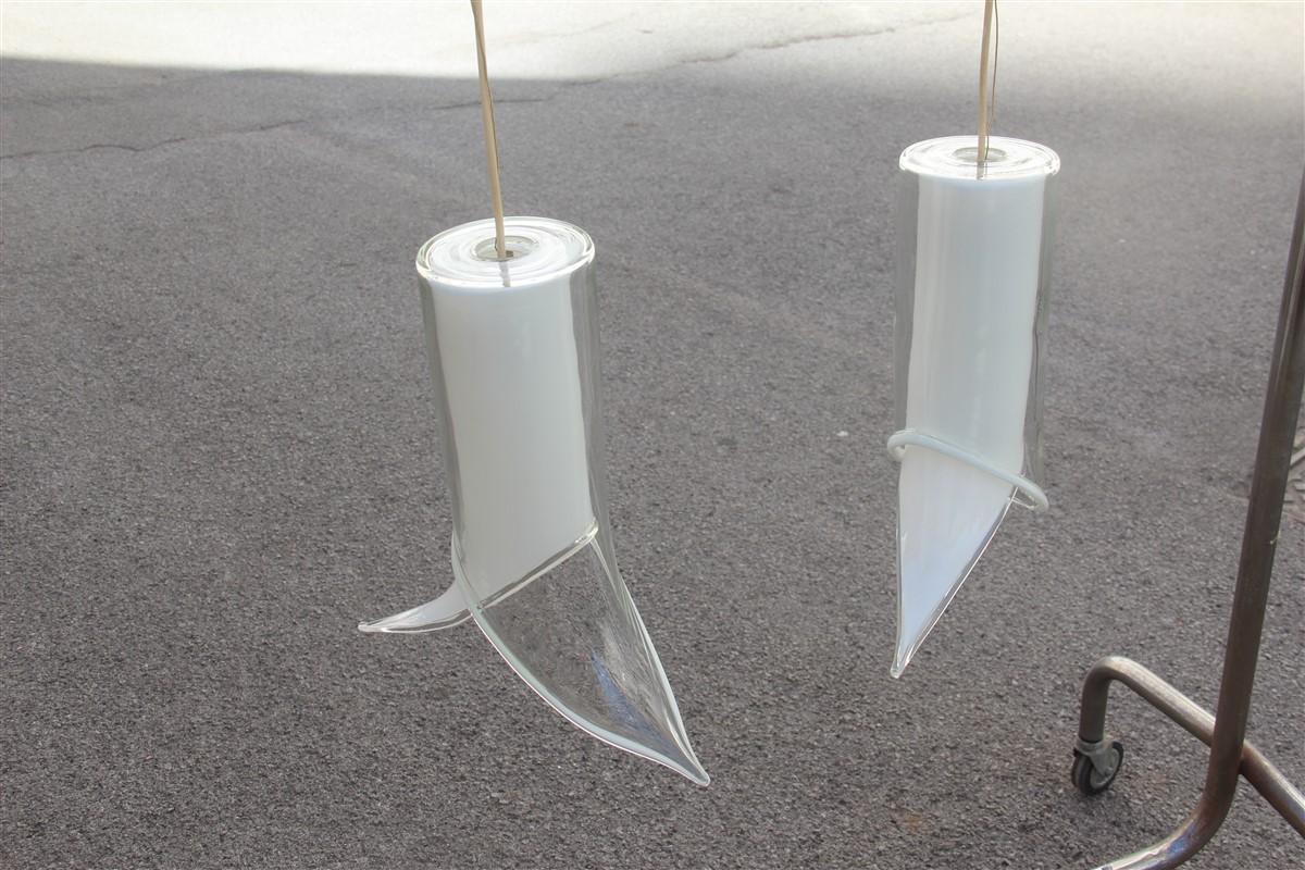 Italian Lantern Pair of Ceiling Lamps Murano Mazzega Design 1970 White Transparent Glass For Sale