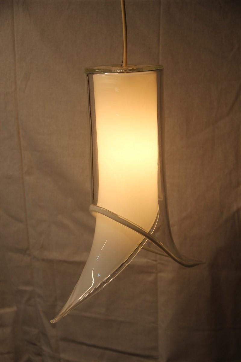 Lantern Pair of Ceiling Lamps Murano Mazzega Design 1970 White Transparent Glass In Good Condition For Sale In Palermo, Sicily