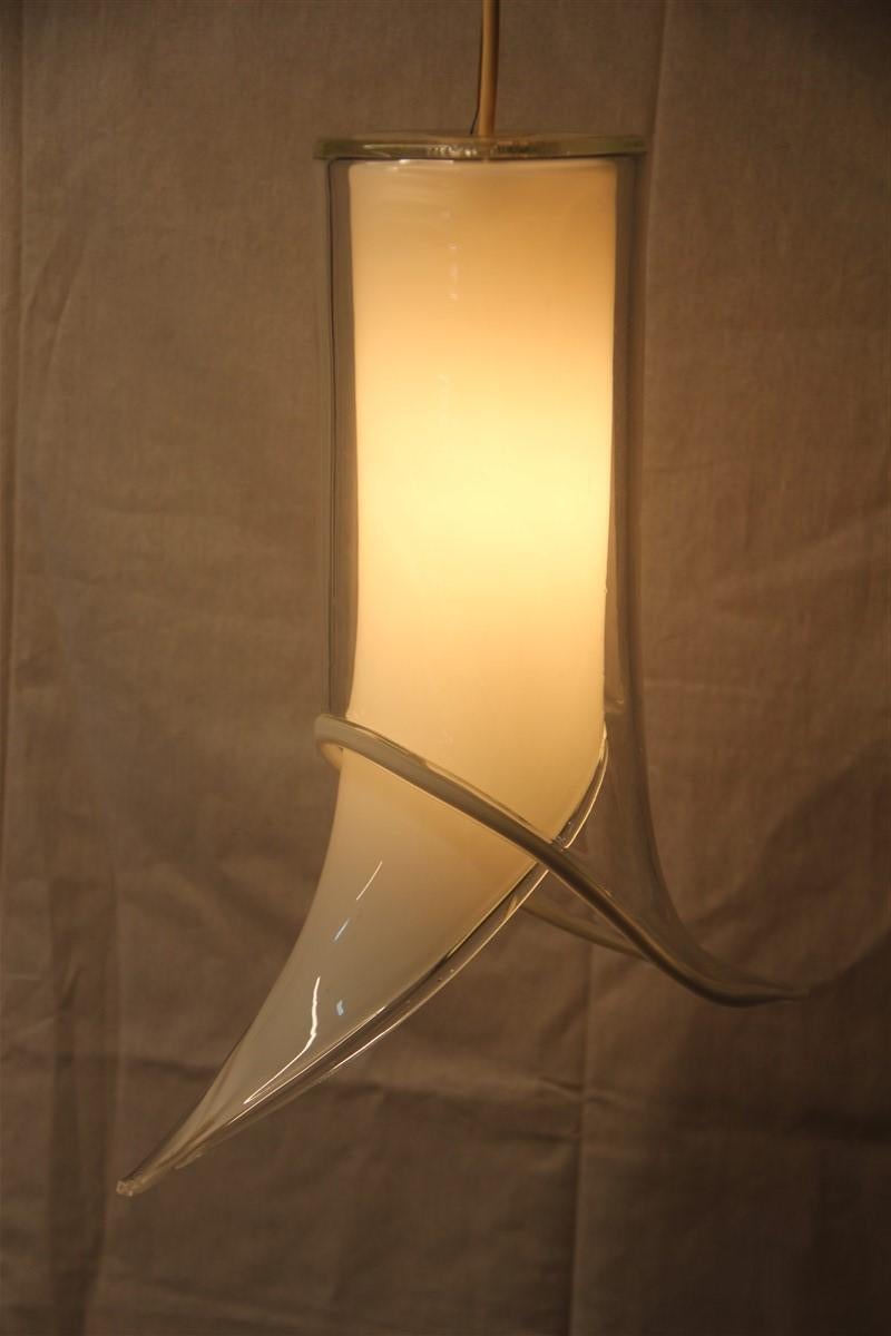 Late 20th Century Lantern Pair of Ceiling Lamps Murano Mazzega Design 1970 White Transparent Glass For Sale