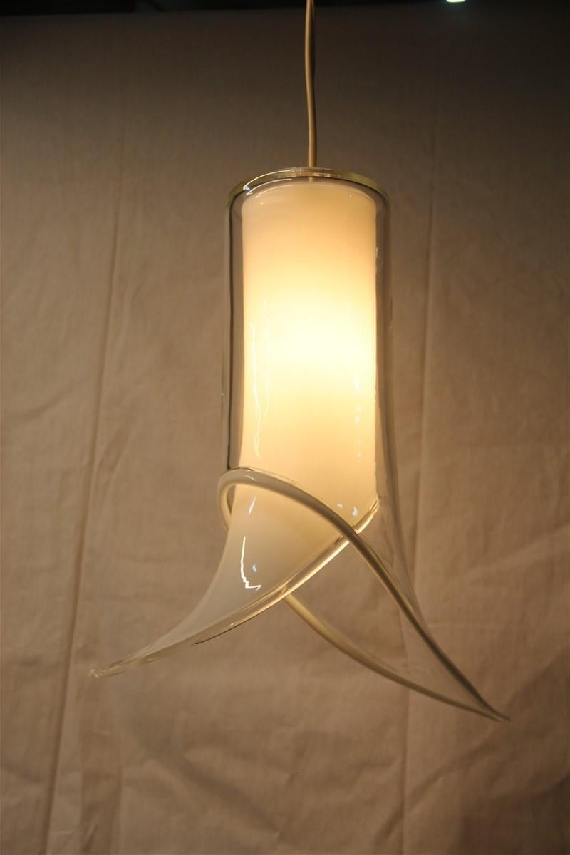 Murano Glass Lantern Pair of Ceiling Lamps Murano Mazzega Design 1970 White Transparent Glass For Sale
