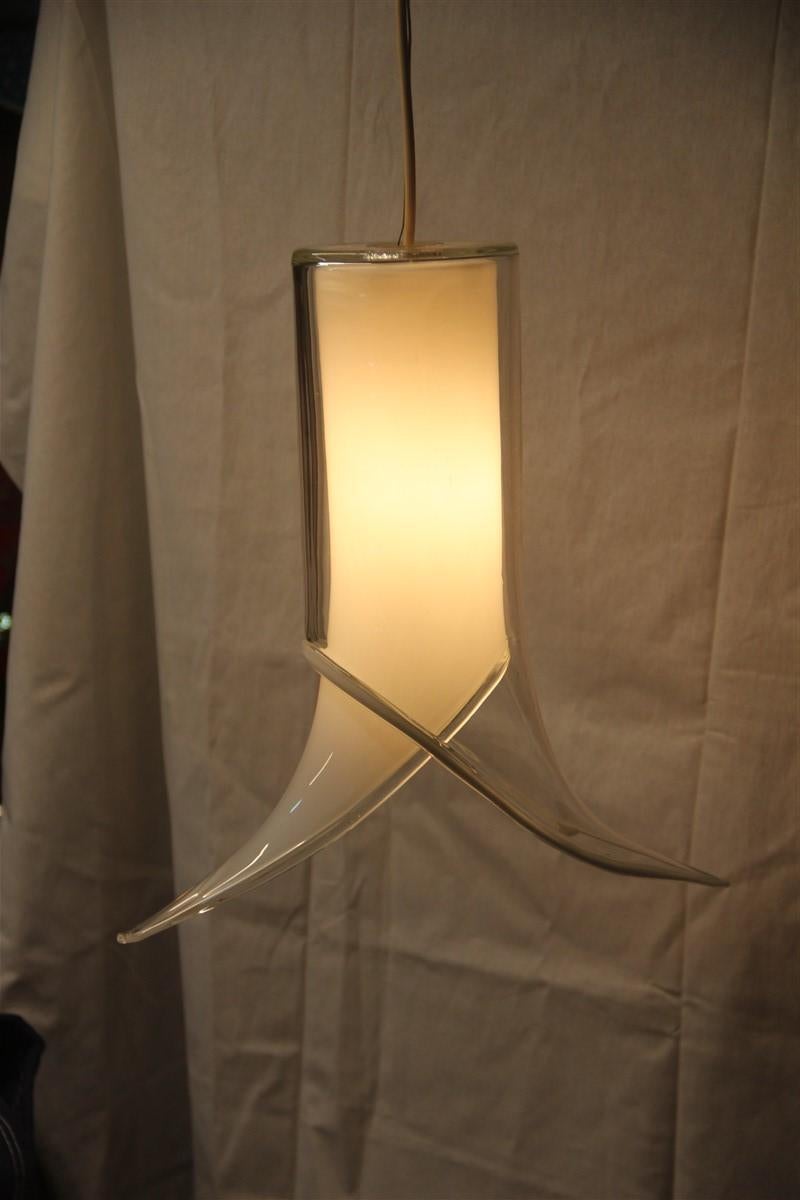 Lantern Pair of Ceiling Lamps Murano Mazzega Design 1970 White Transparent Glass For Sale 1