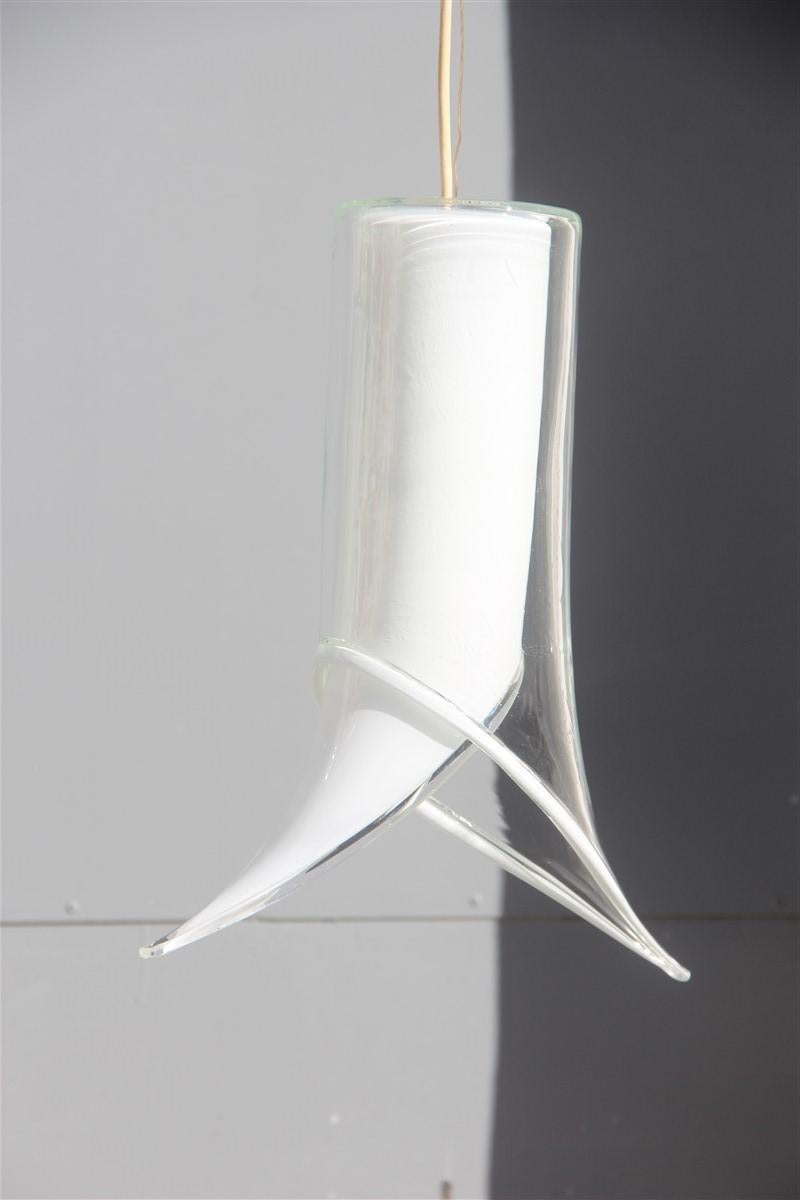 Lantern Pair of Ceiling Lamps Murano Mazzega Design 1970 White Transparent Glass For Sale 2