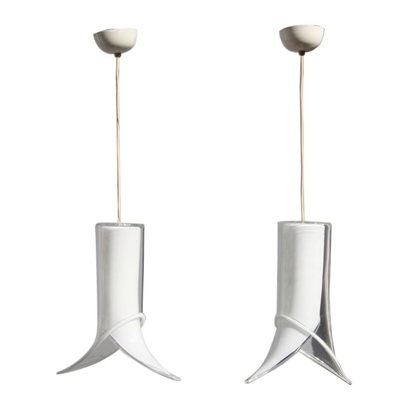 Lantern Pair of Ceiling Lamps Murano Mazzega Design 1970 White Transparent Glass For Sale