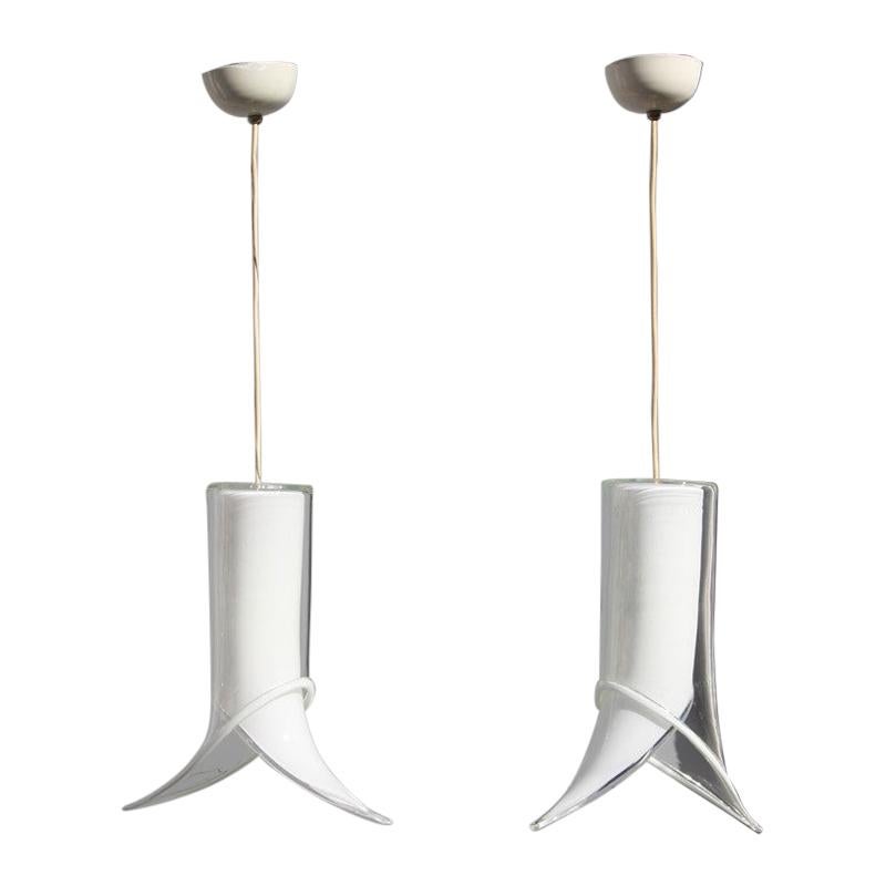 Linterna Pareja de Lámparas de Techo Diseño Murano Mazzega 1970 Cristal Blanco Transparente