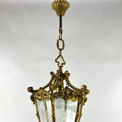 Lampe à suspension ancienne en bronze avec panneaux de verre gravé, France, années 1930