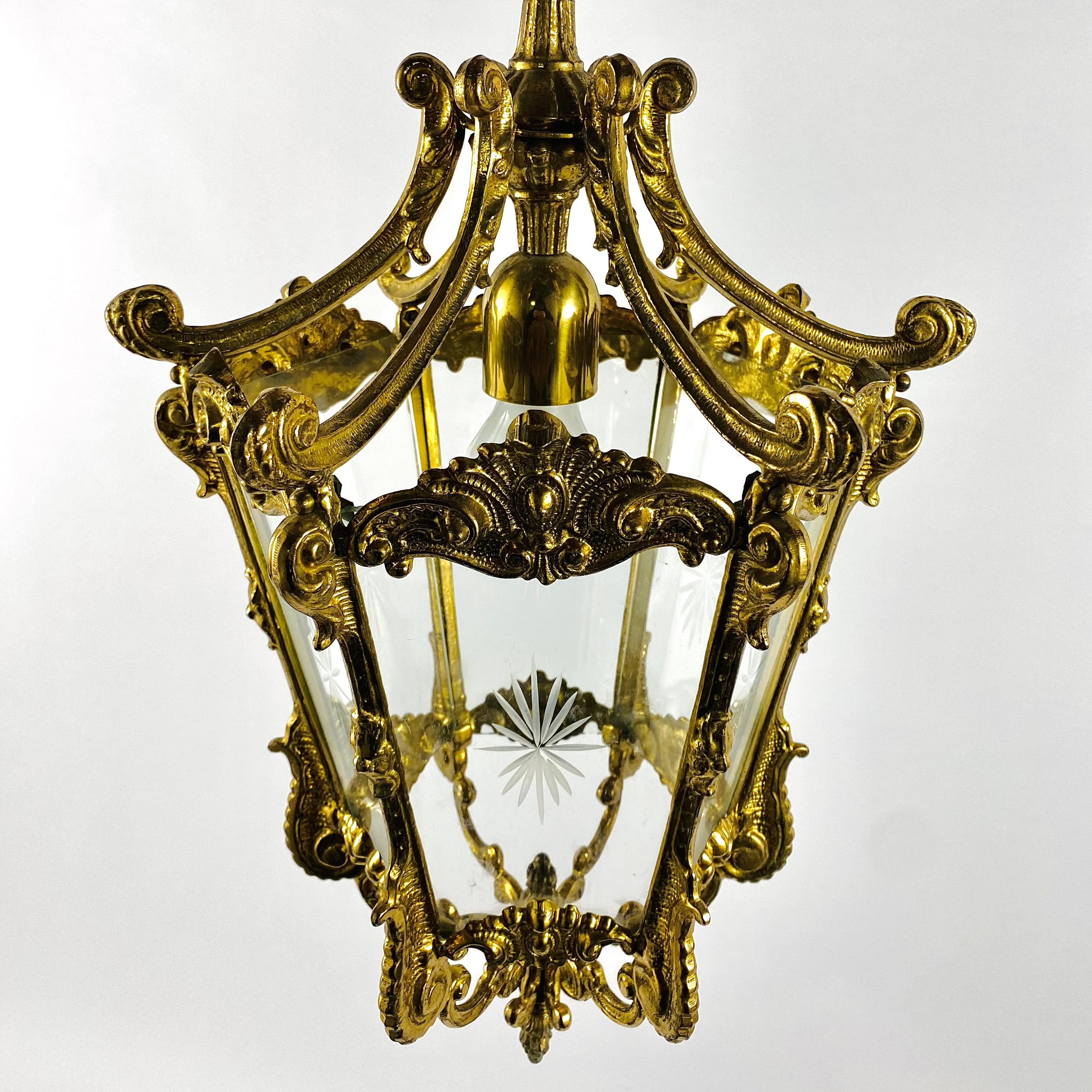 Baroque Lantern Pendant Antique in Bronze With Etched Glass Panels, France, 1930s For Sale