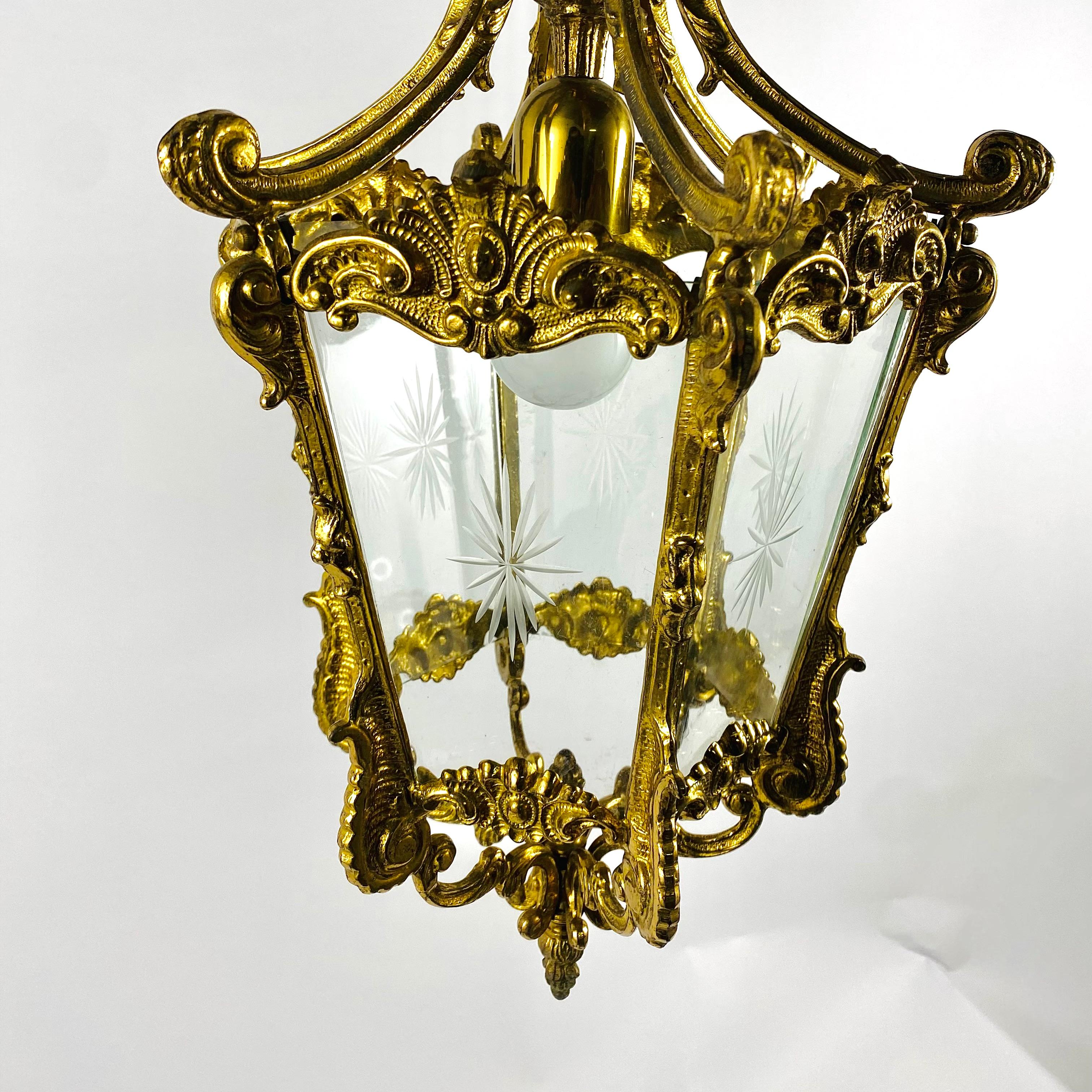 Early 20th Century Lantern Pendant Antique in Bronze With Etched Glass Panels, France, 1930s For Sale
