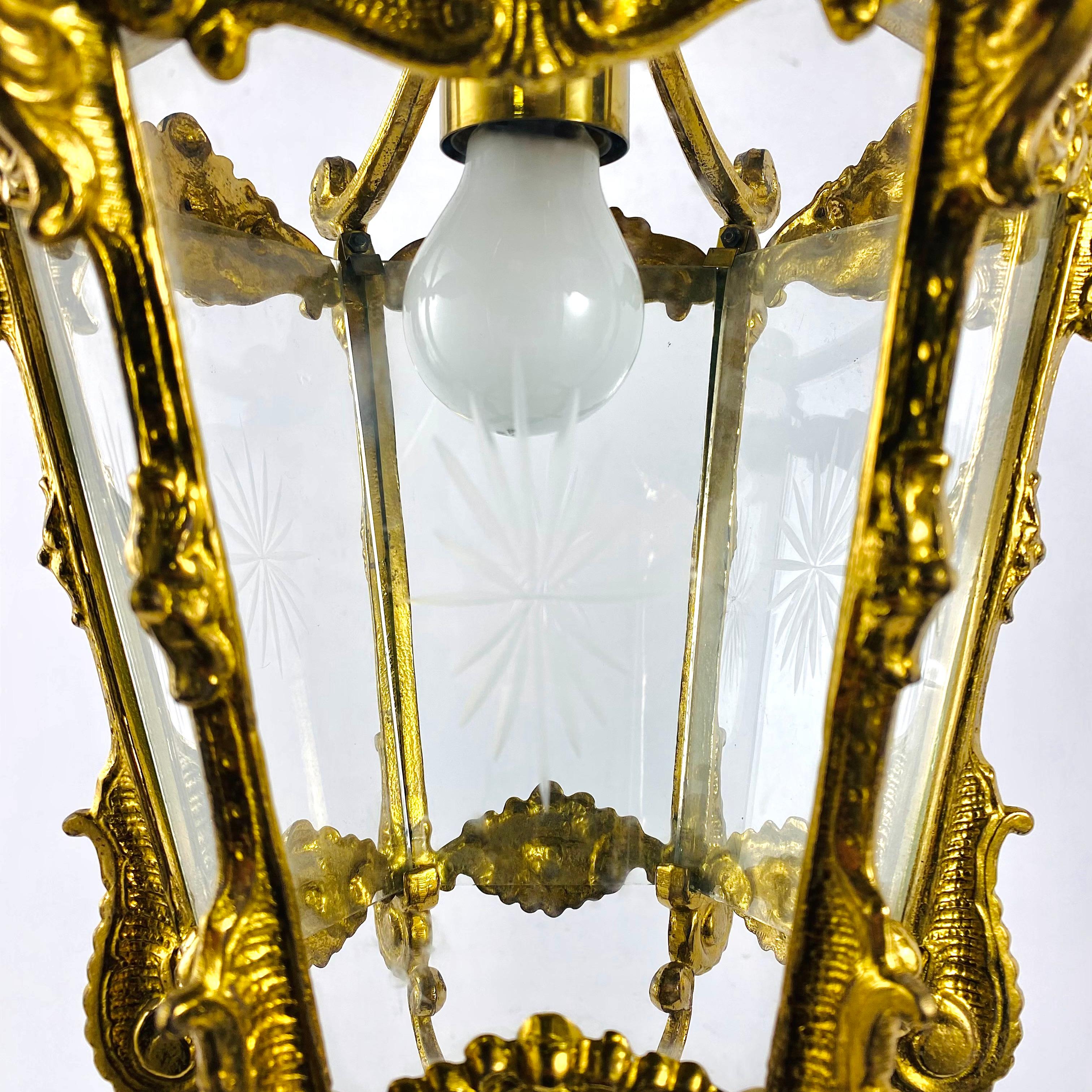 Lantern Pendant Antique in Bronze With Etched Glass Panels, France, 1930s For Sale 1