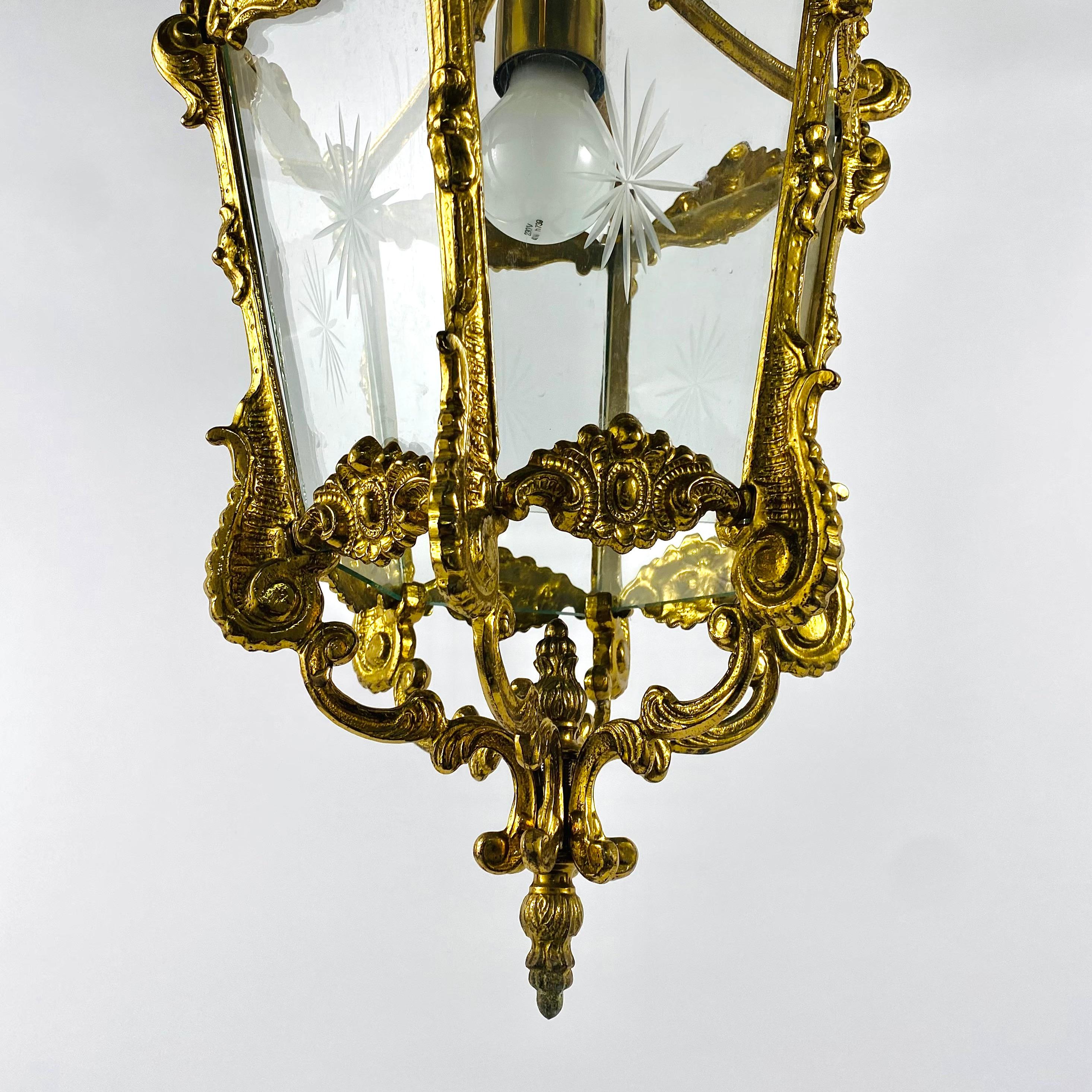 Lantern Pendant Antique in Bronze With Etched Glass Panels, France, 1930s For Sale 2