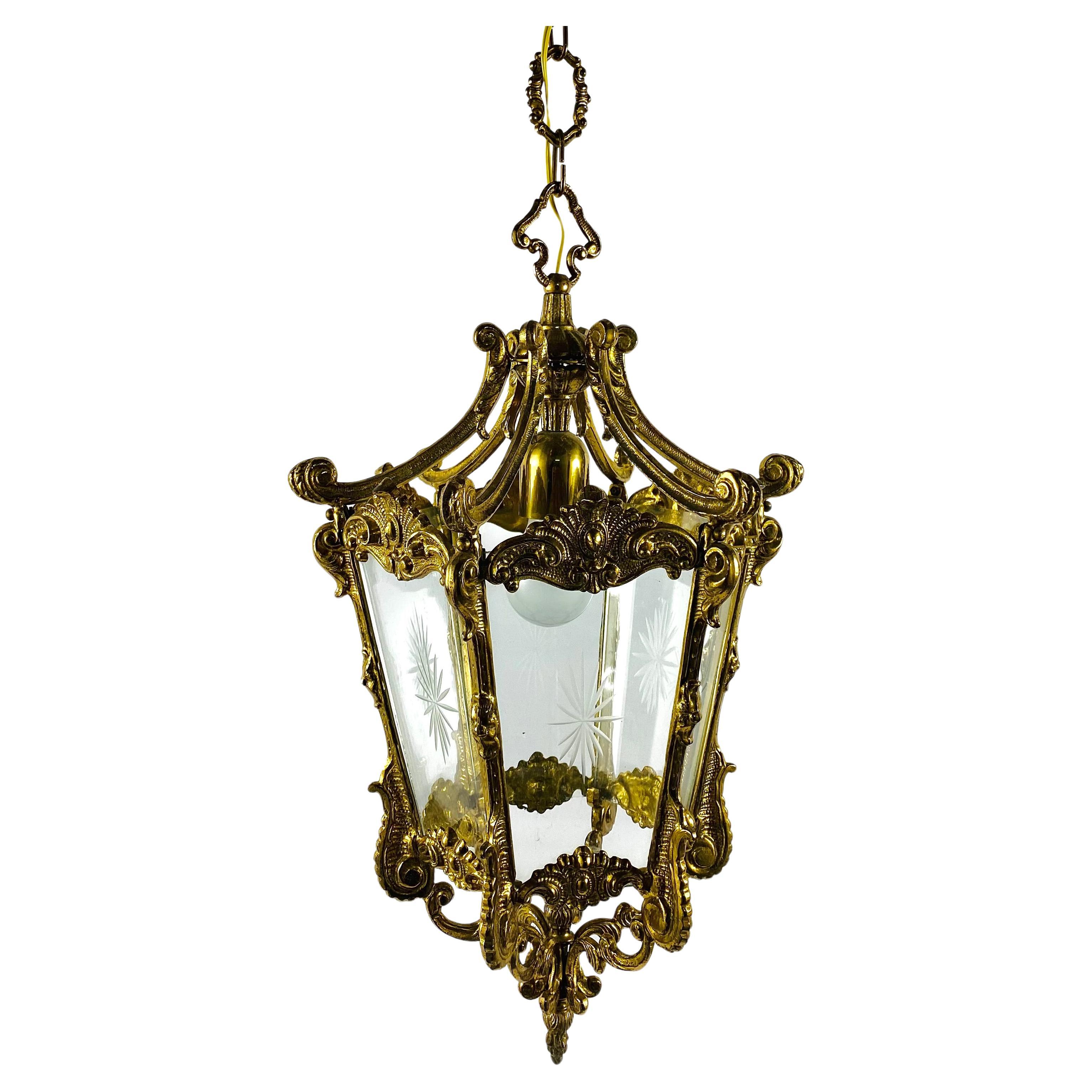 Lantern Pendant Antique in Bronze With Etched Glass Panels, France, 1930s For Sale