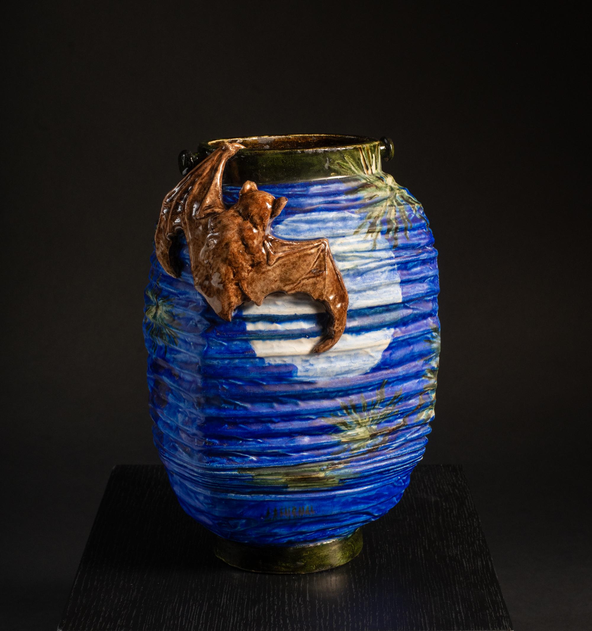 Glazed Lantern-Shaped Art Nouveau Vase with Bats & Moon by Edmond Lachenal For Sale