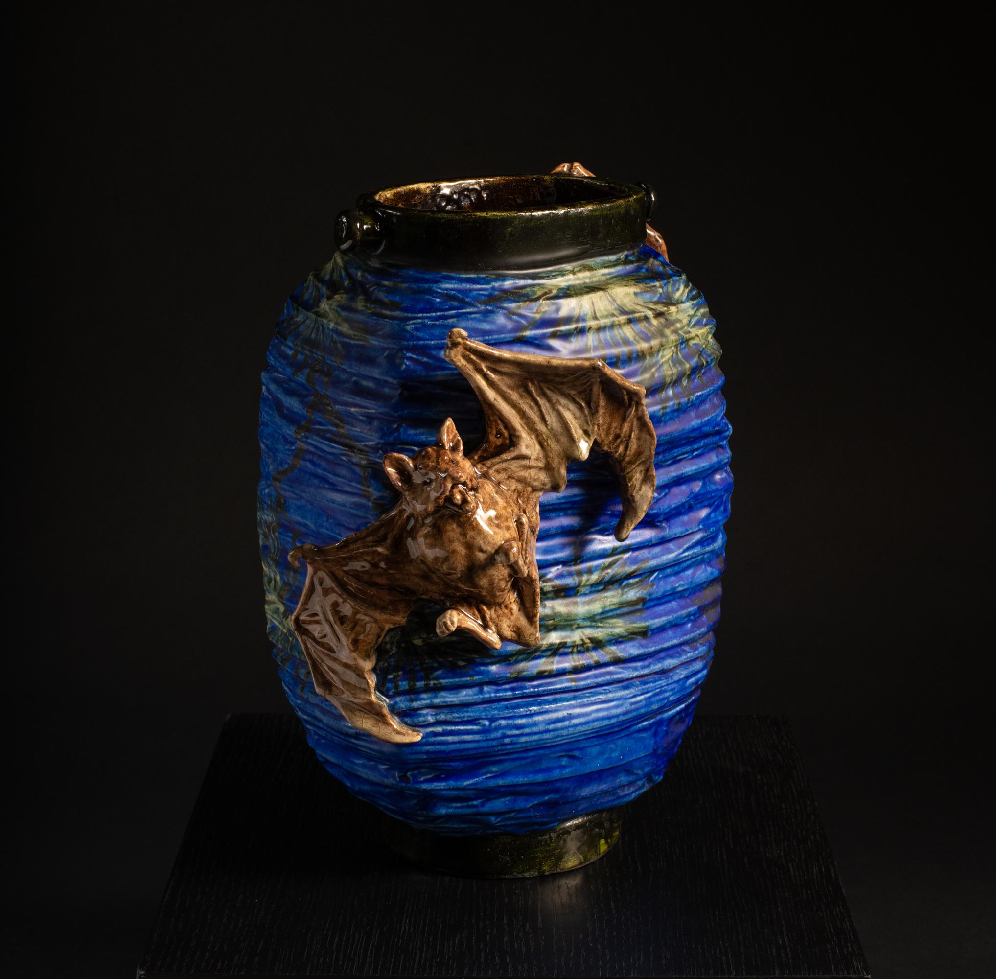 Early 20th Century Lantern-Shaped Art Nouveau Vase with Bats & Moon by Edmond Lachenal For Sale