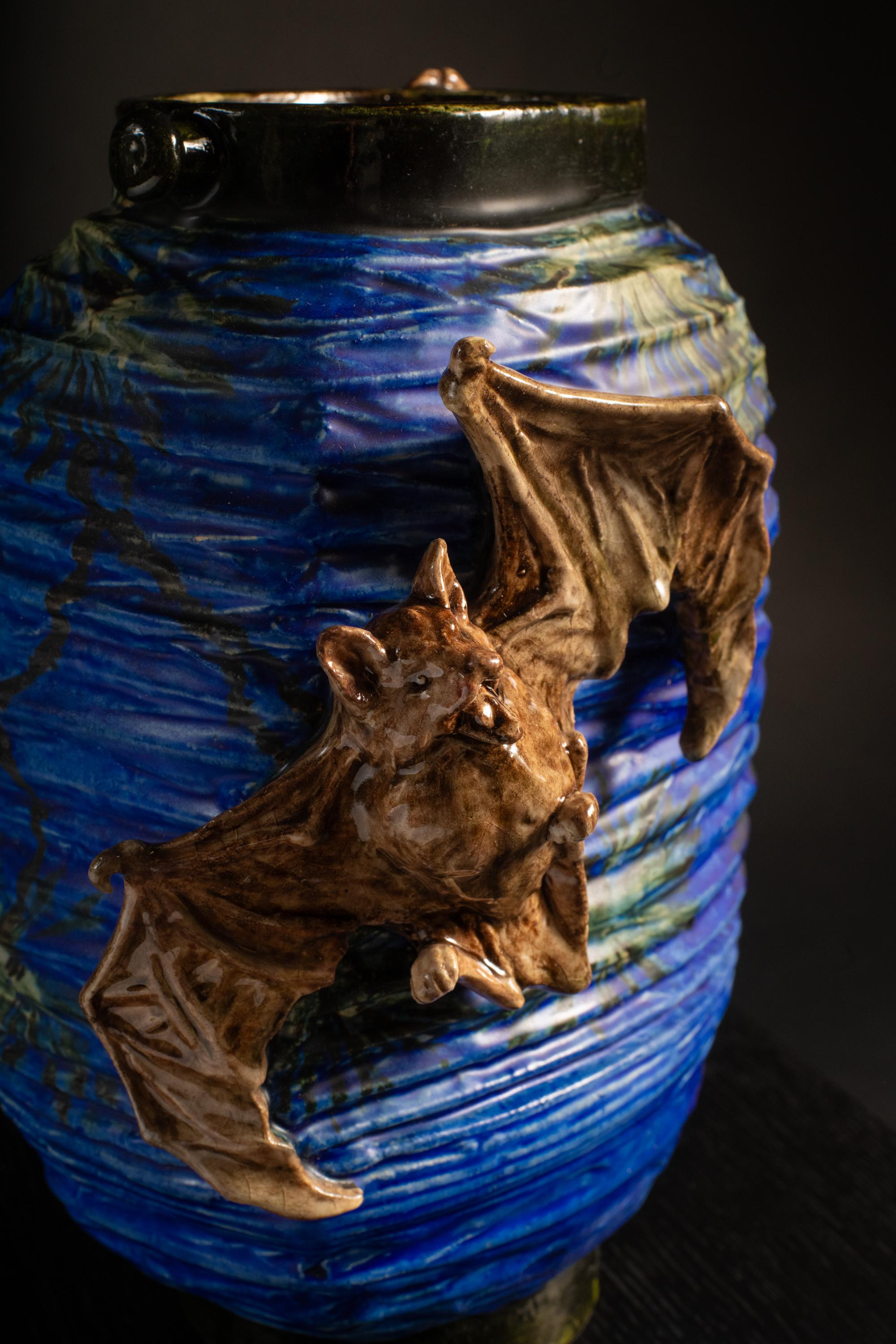 Earthenware Lantern-Shaped Art Nouveau Vase with Bats & Moon by Edmond Lachenal For Sale