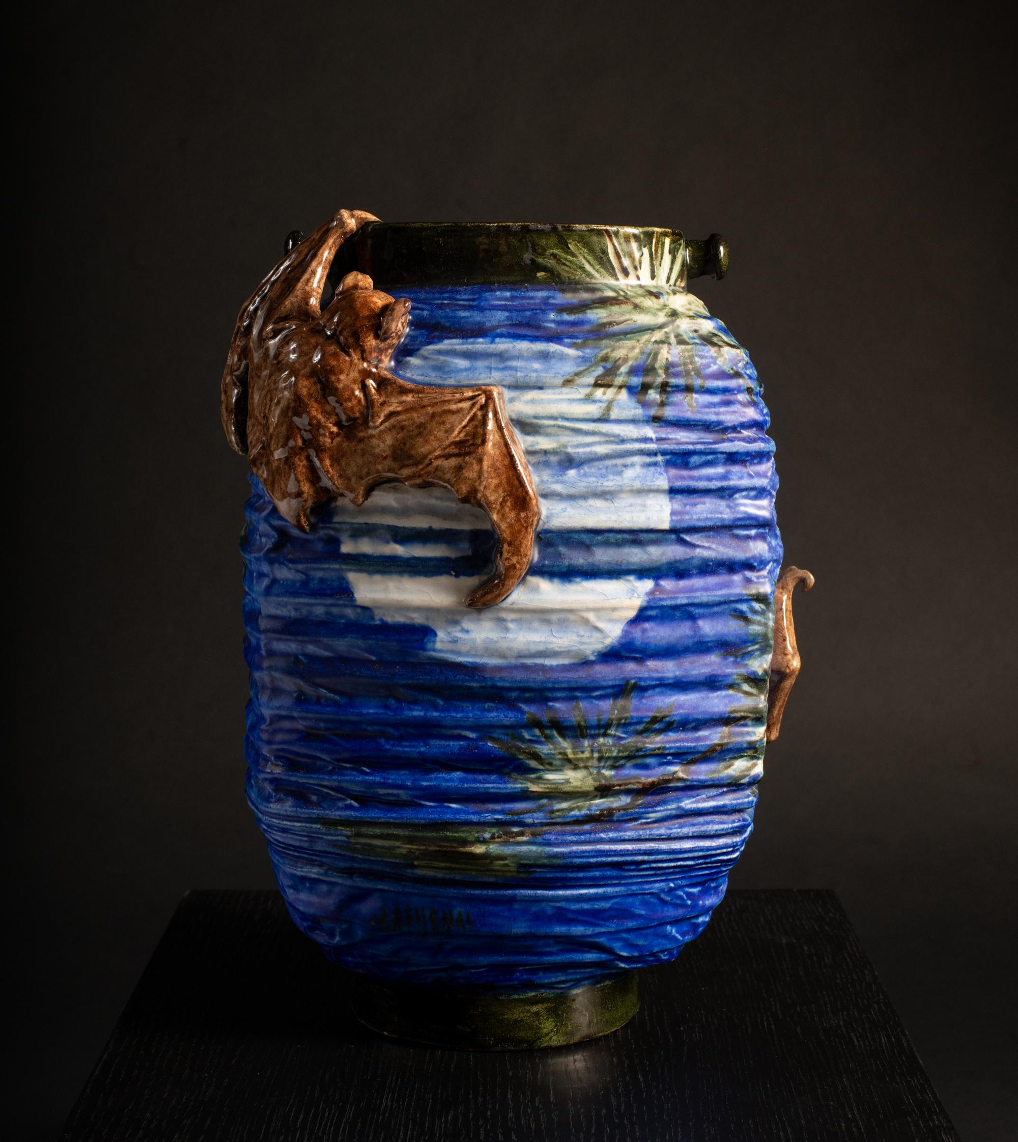 Lantern-Shaped Art Nouveau Vase with Bats & Moon by Edmond Lachenal For Sale 1