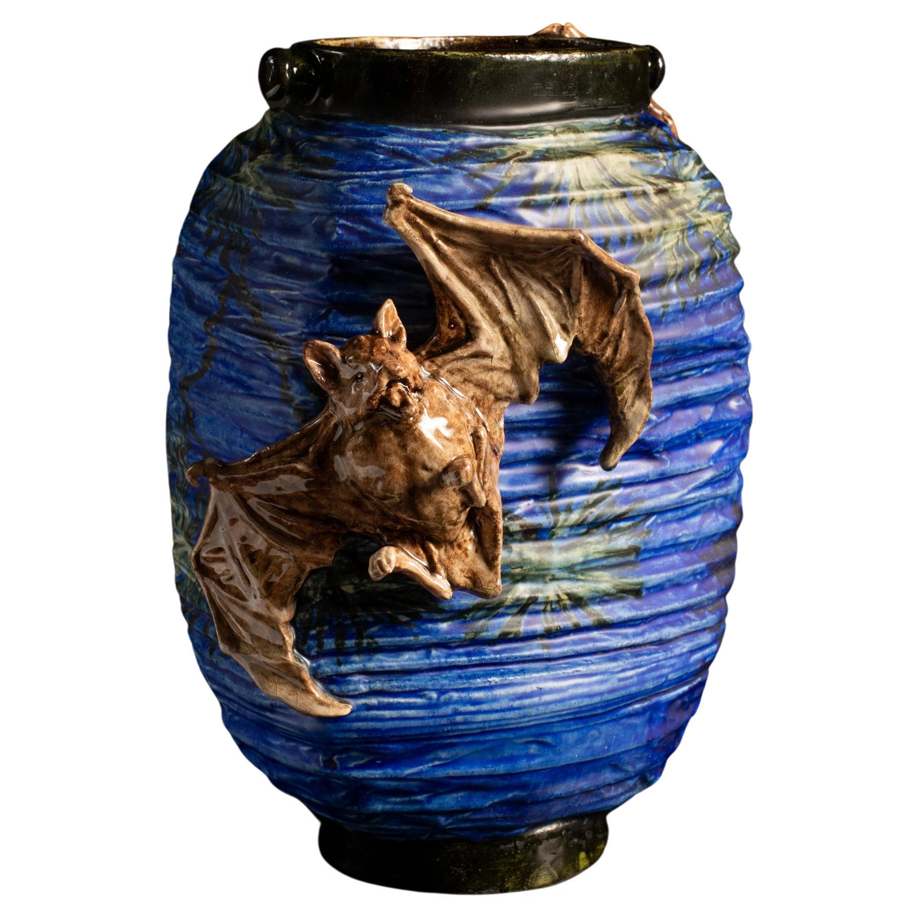 Lantern-Shaped Art Nouveau Vase with Bats & Moon by Edmond Lachenal For Sale