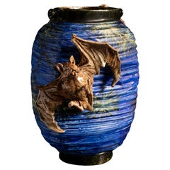 Lantern-Shaped Art Nouveau Vase with Bats & Moon by Edmond Lachenal