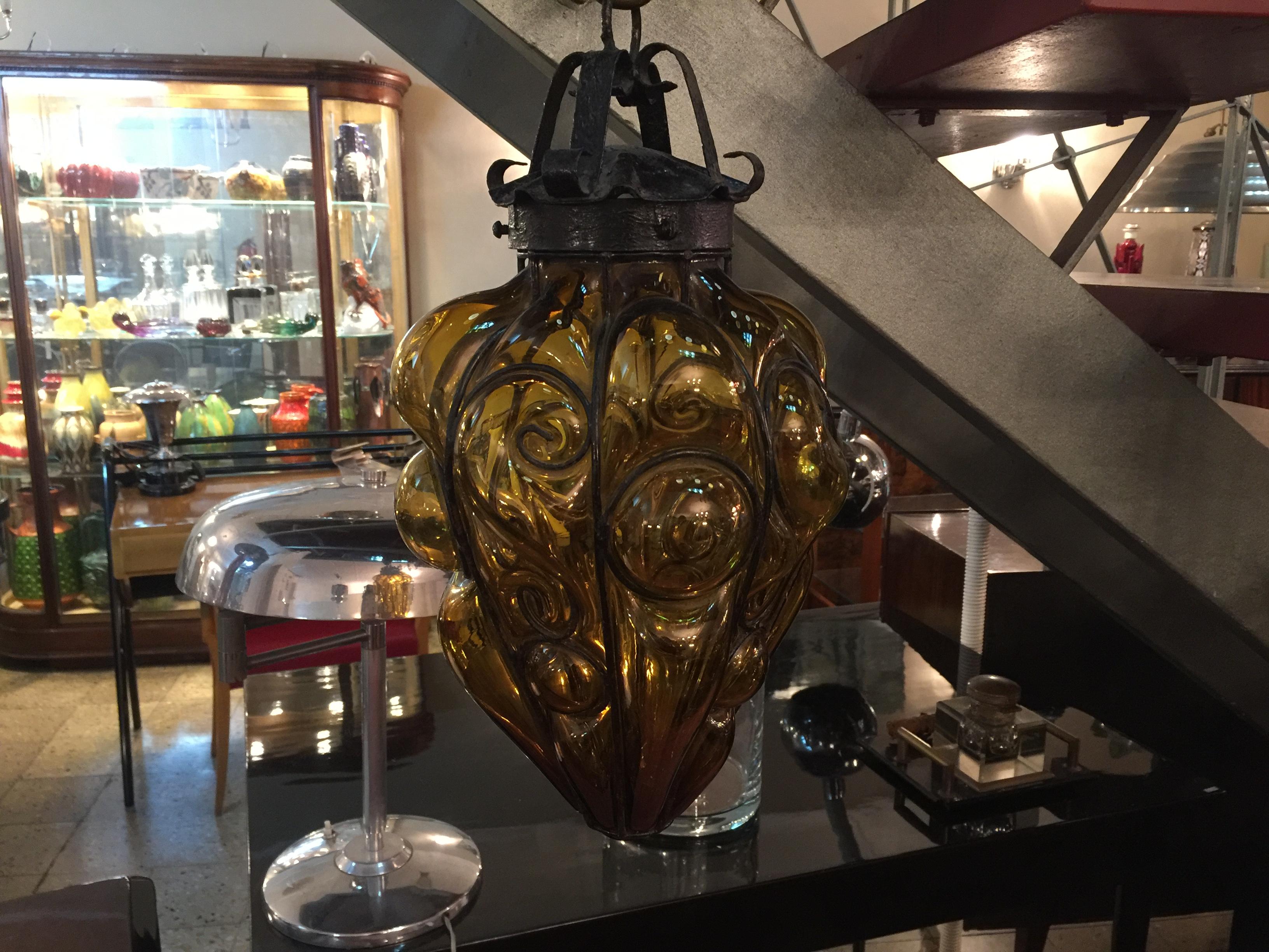 Early 20th Century Lantern Style, Jugendstil, Art Nouveau, Liberty, French, 1900 in Iron and Murano For Sale