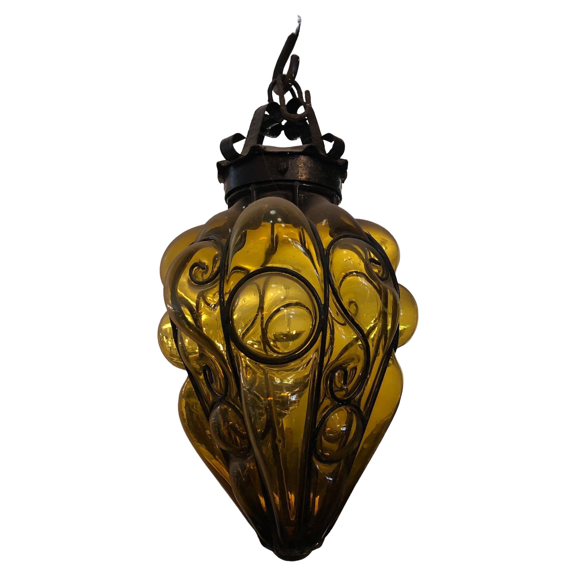 Lantern Style, Jugendstil, Art Nouveau, Liberty, French, 1900 in Iron and Murano For Sale