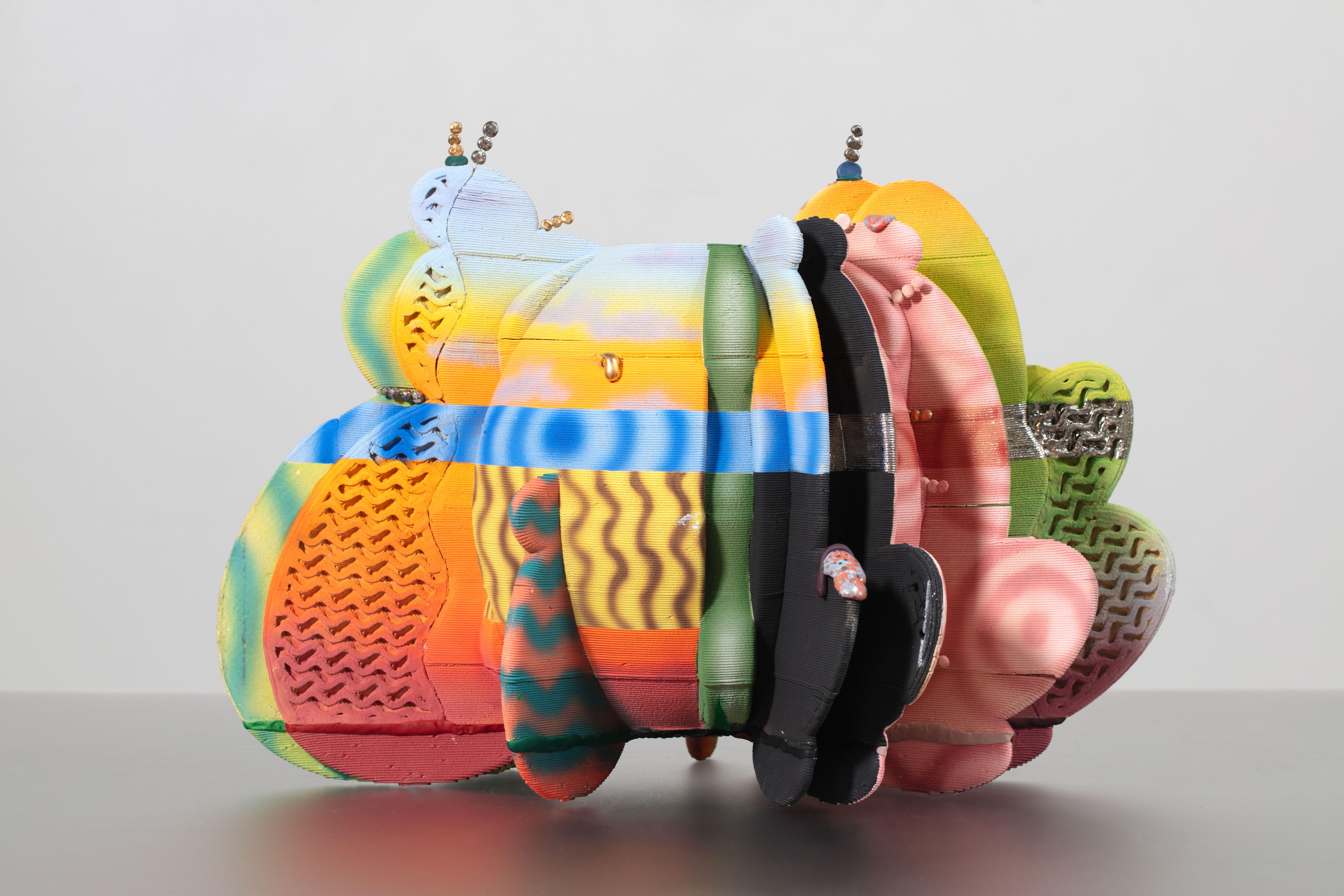Jolie Ngo. Lantern Vessel in Collage. 2024. Stoneware, glaze, PLA plastic, epoxy, wire, luster.