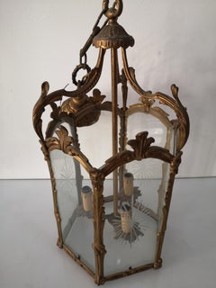 Pendant lantern, three lights, gilt bronze with early 20th century ground glass