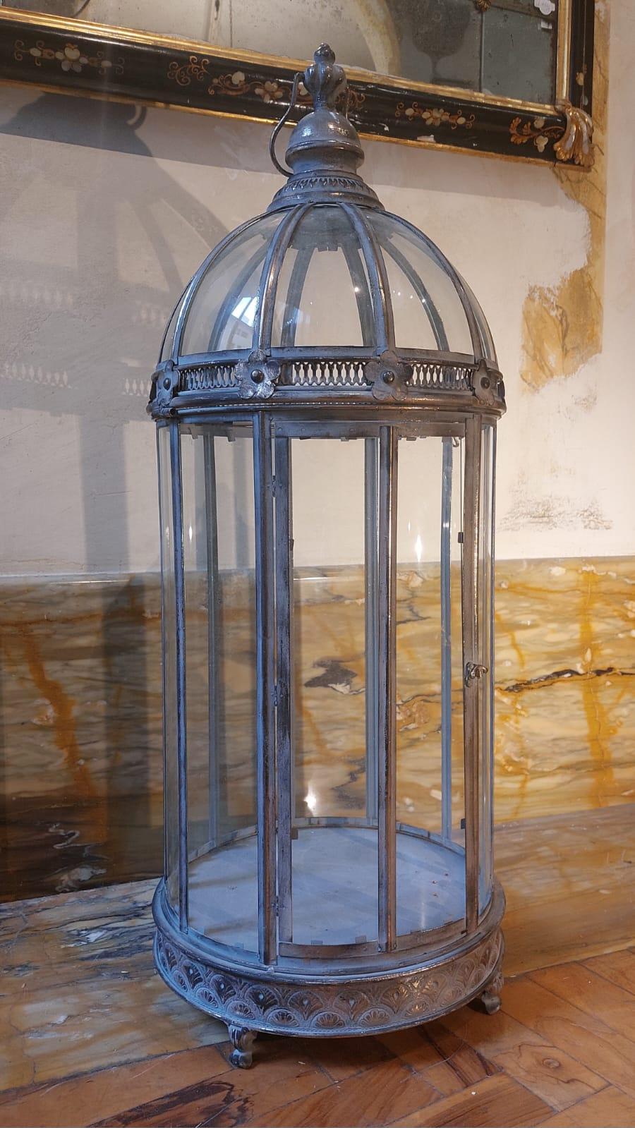 19th Century Patinated and embossed glass and metal lantern in various patterns For Sale