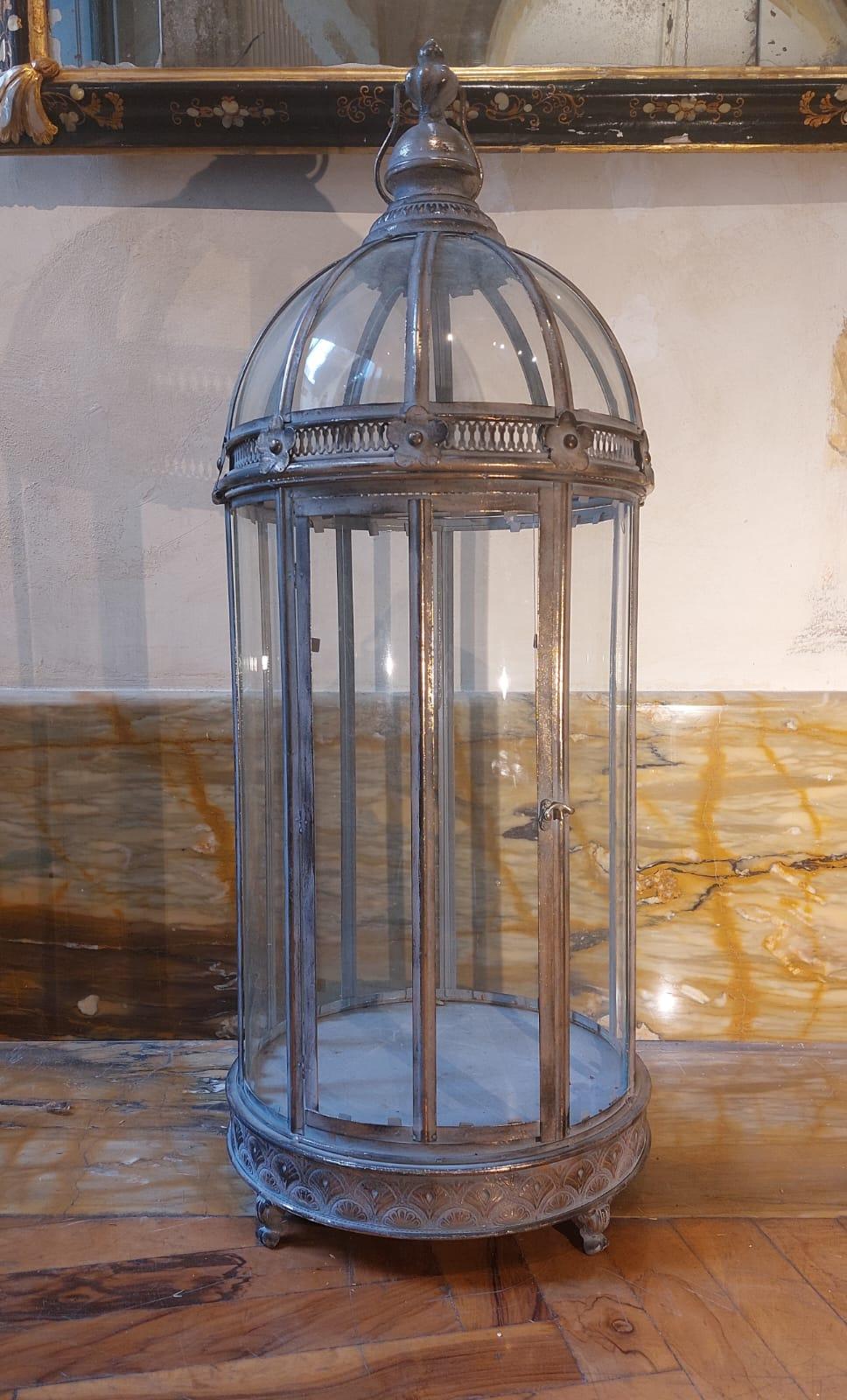 Metal Patinated and embossed glass and metal lantern in various patterns For Sale