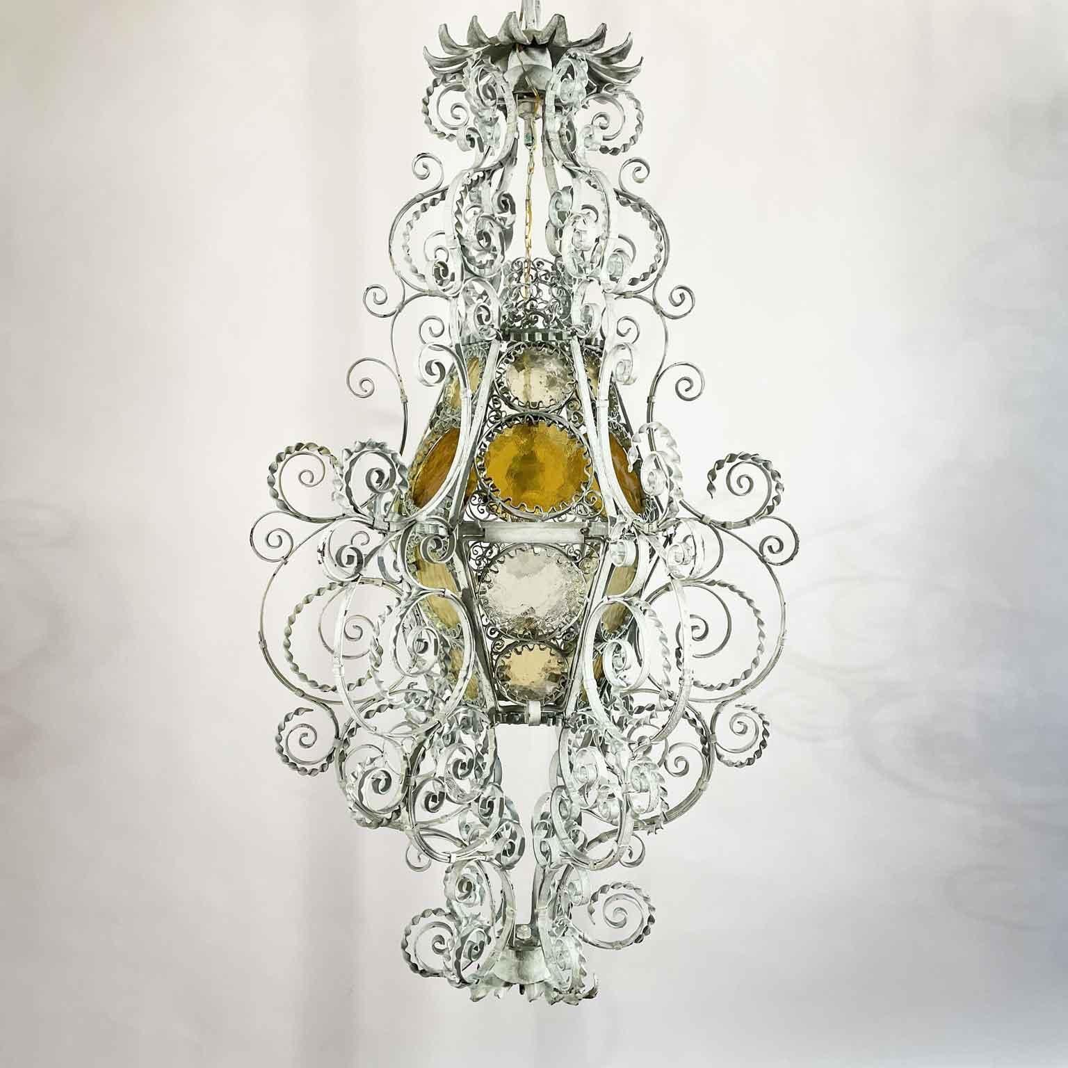 Farol Italiano De Principios De 1900 En Hierro Forjado Luz Verde Y Vidrios De Ámbar en venta 4