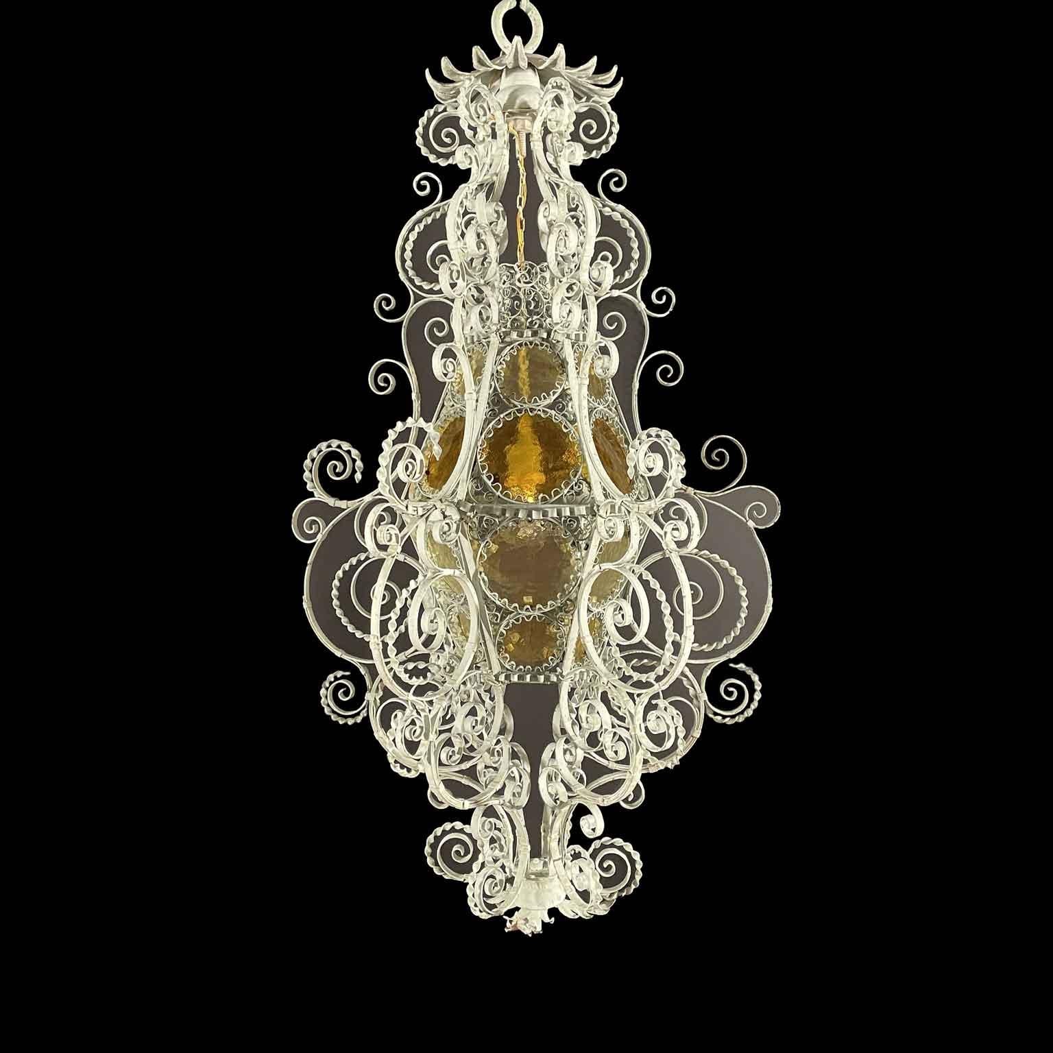 Farol Italiano De Principios De 1900 En Hierro Forjado Luz Verde Y Vidrios De Ámbar Art Nouveau en venta