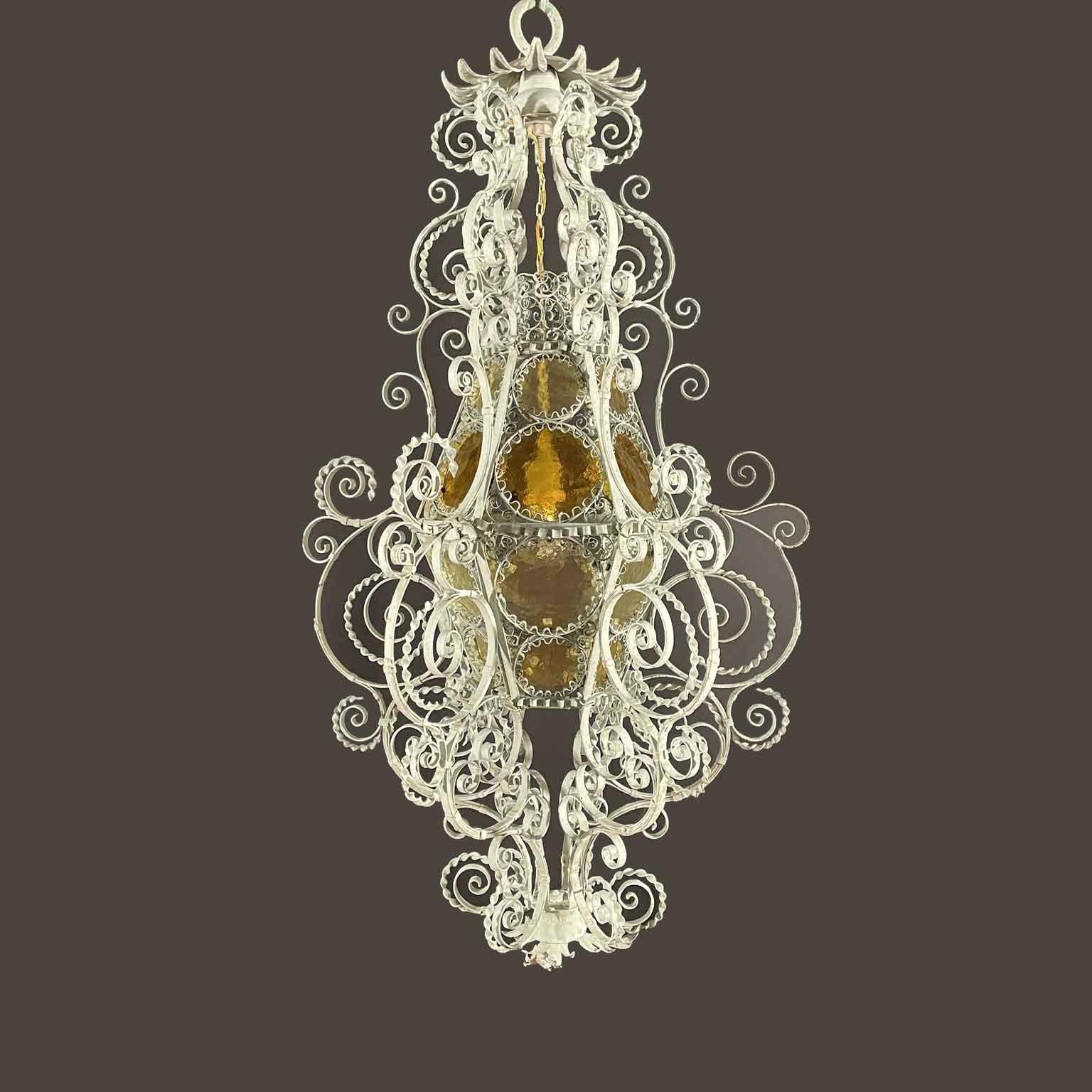 Farol Italiano De Principios De 1900 En Hierro Forjado Luz Verde Y Vidrios De Ámbar en Bueno estado para la venta en Milano, MI