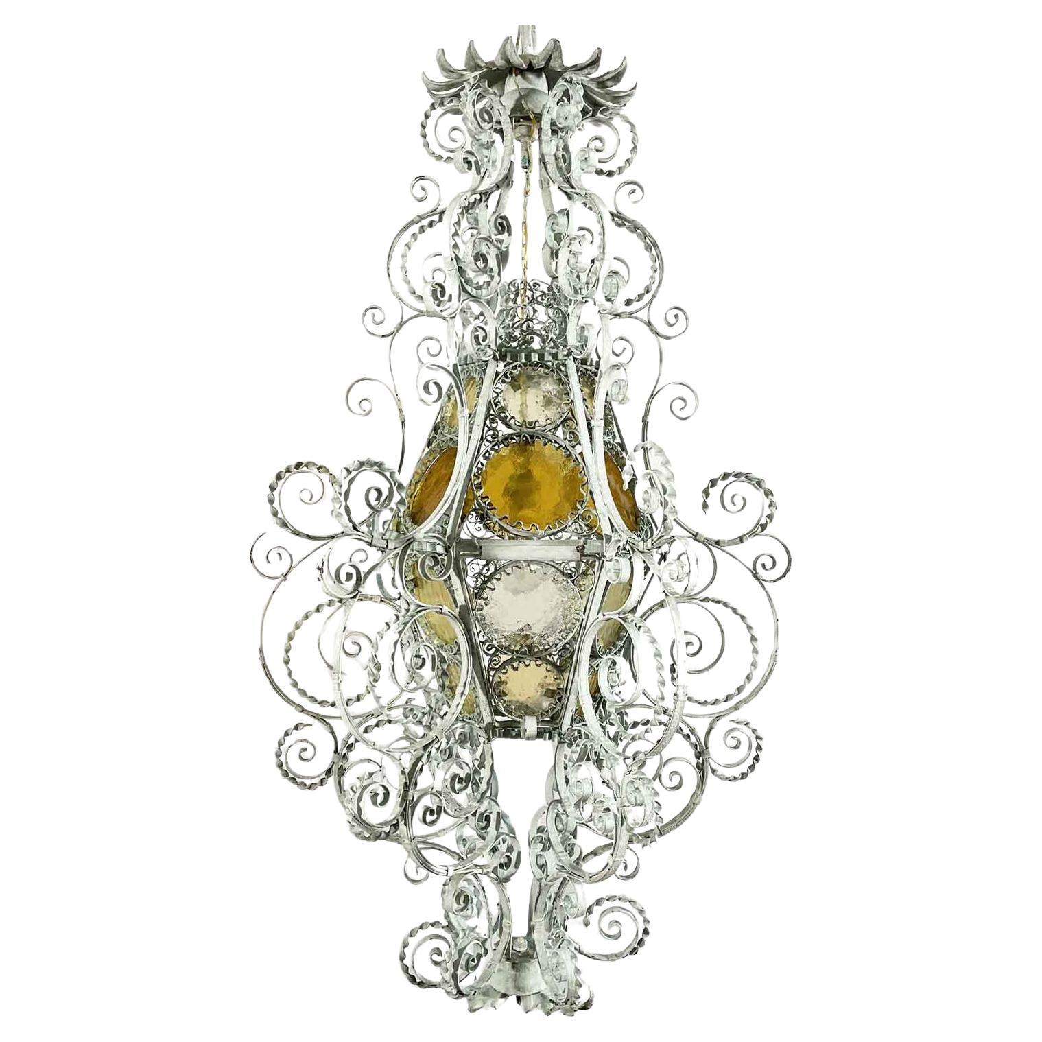 Italian Lantern Early 1900s In Light Green Wrought Iron And Amber-colored Glasses