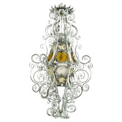 Farol Italiano De Principios De 1900 En Hierro Forjado Luz Verde Y Vidrios De Ámbar