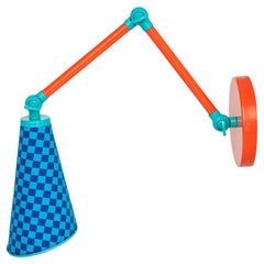 Lanterna Sconce in Blue by Merve Kahraman, Checkered Fabric & Painted Metal