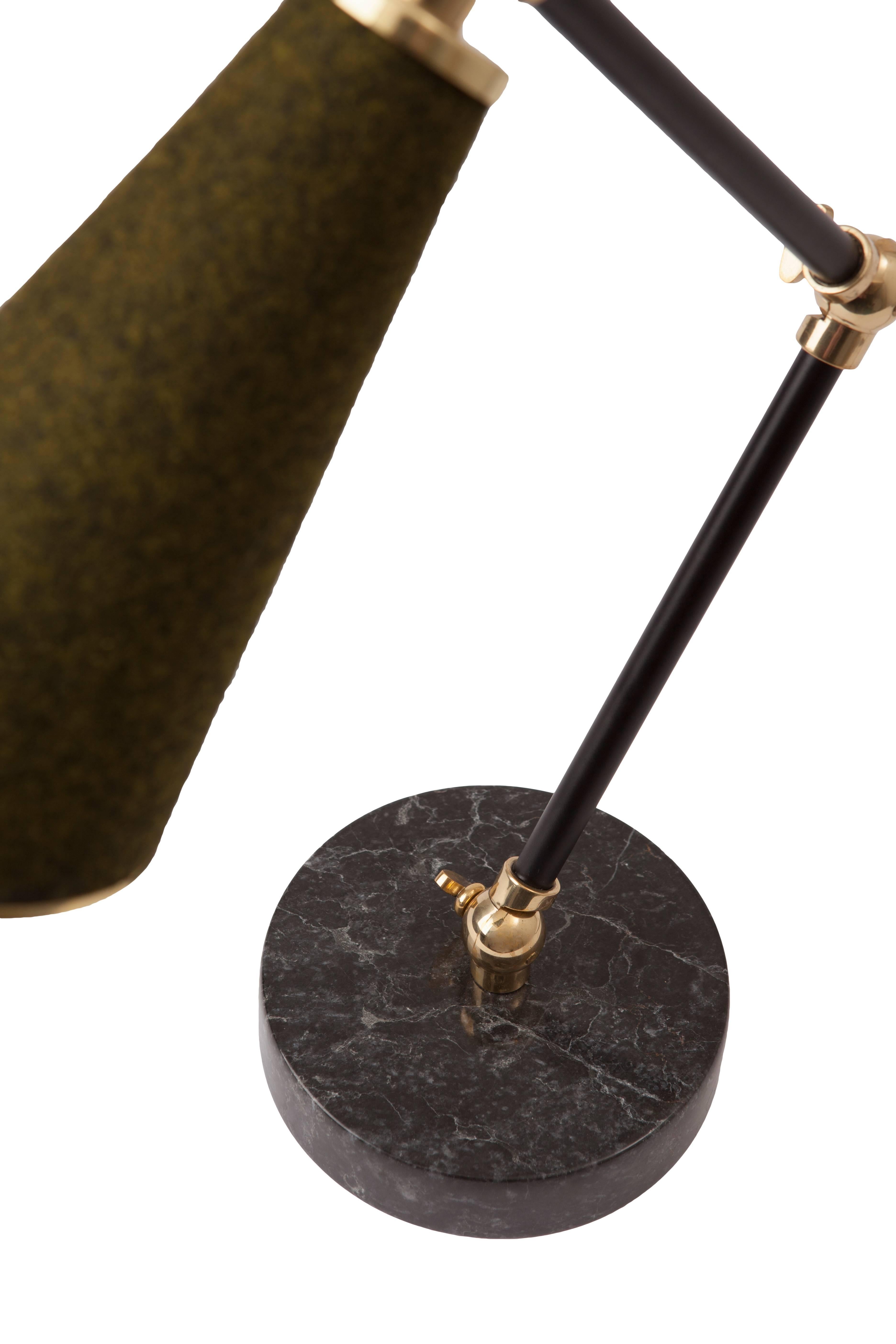 Turkish Lanterna Table Lamp in Black Marble, Felt and Leather Clad Brass Adjustable Arms For Sale