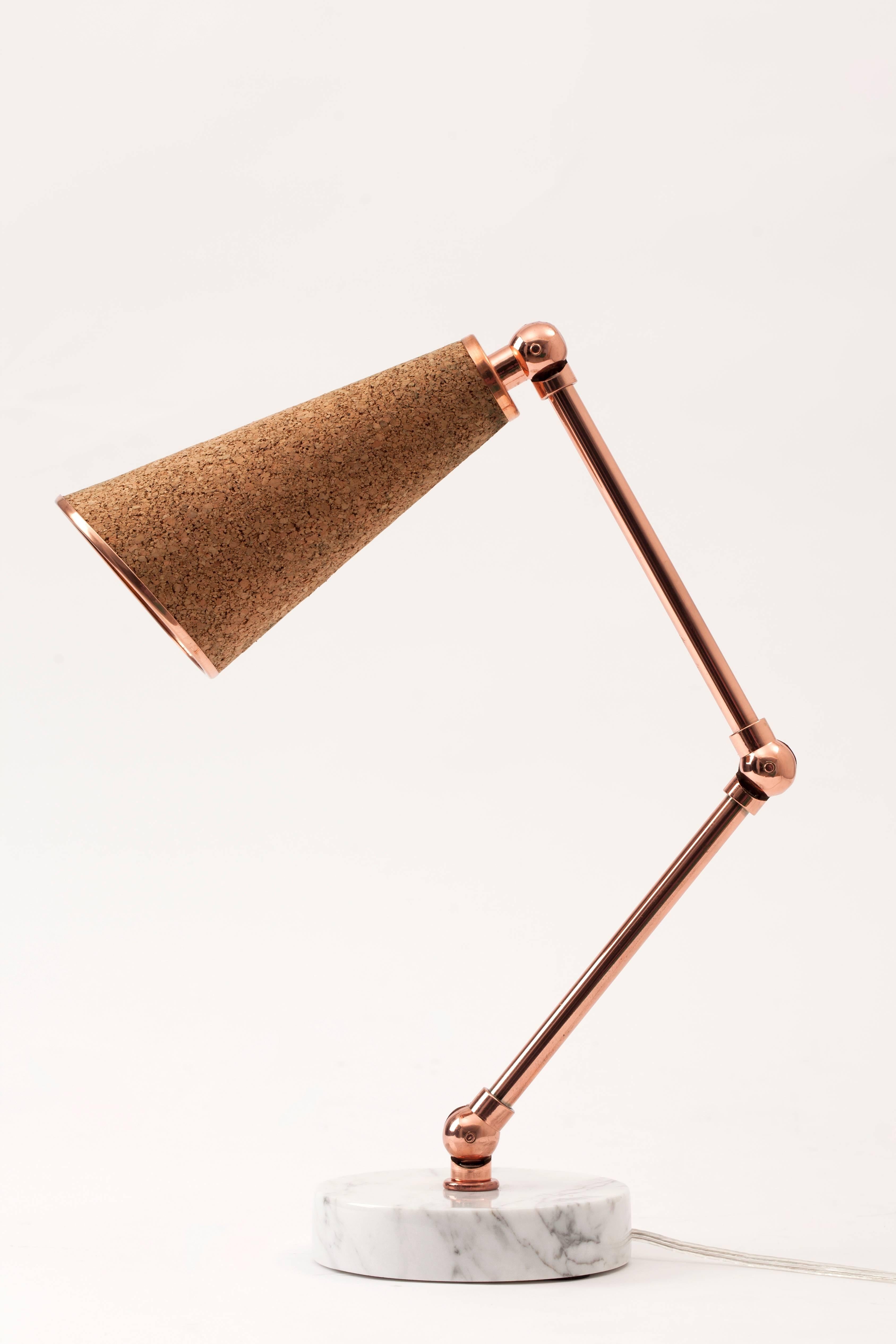Contemporary Lanterna Table Lamp in Carrara Marble, Cowhide and Copper with Adjustable Arms  For Sale