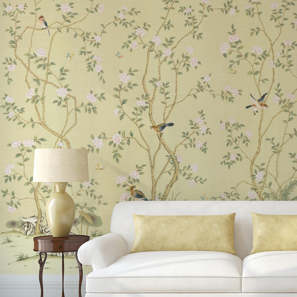 Lantilly Cream is a beautiful Chinoiserie mural on a soothing cream background with flying birds and delicate flowers. This mural wallpaper features 3 panels before the pattern repeats. You can use the mural as a 3 panel set, or frame individually