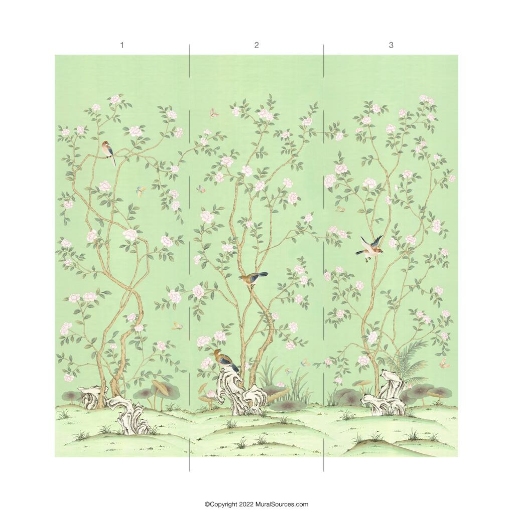 American Lantilly Emerald Chinoiserie Mural Wallpaper For Sale