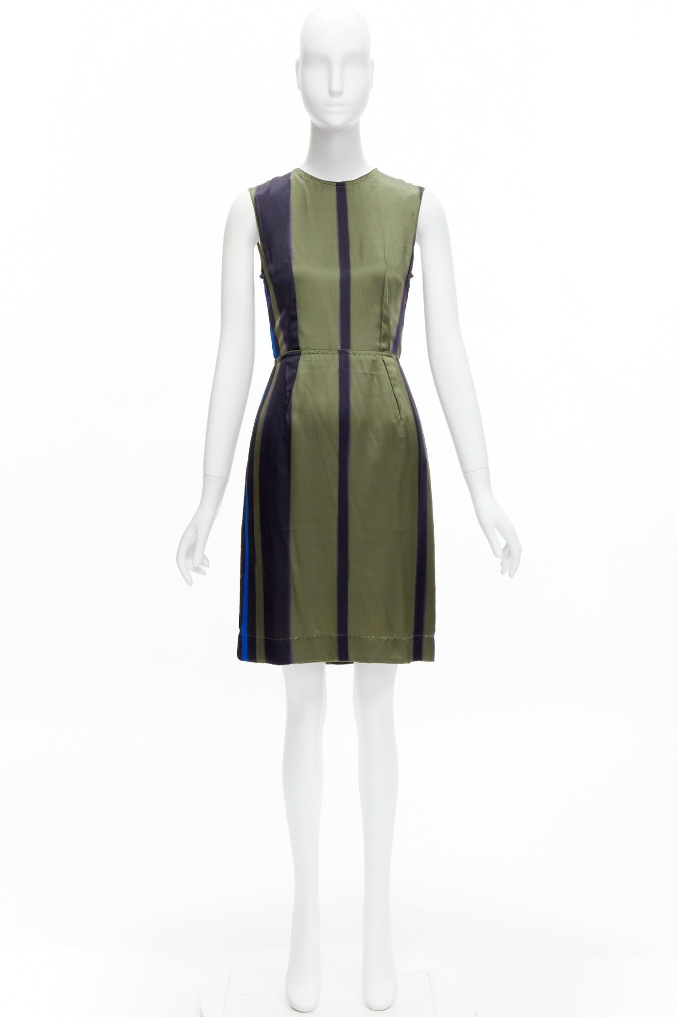 LANVIN 100% soie bleu kaki abstrait robe à pinces inversées FR36 S en vente 5