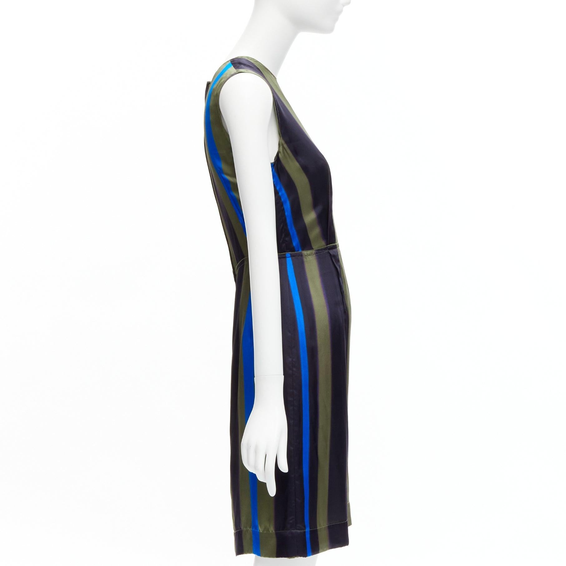 LANVIN 100% silk khaki blue abstract invert darts dress FR36 S In Excellent Condition For Sale In Hong Kong, NT