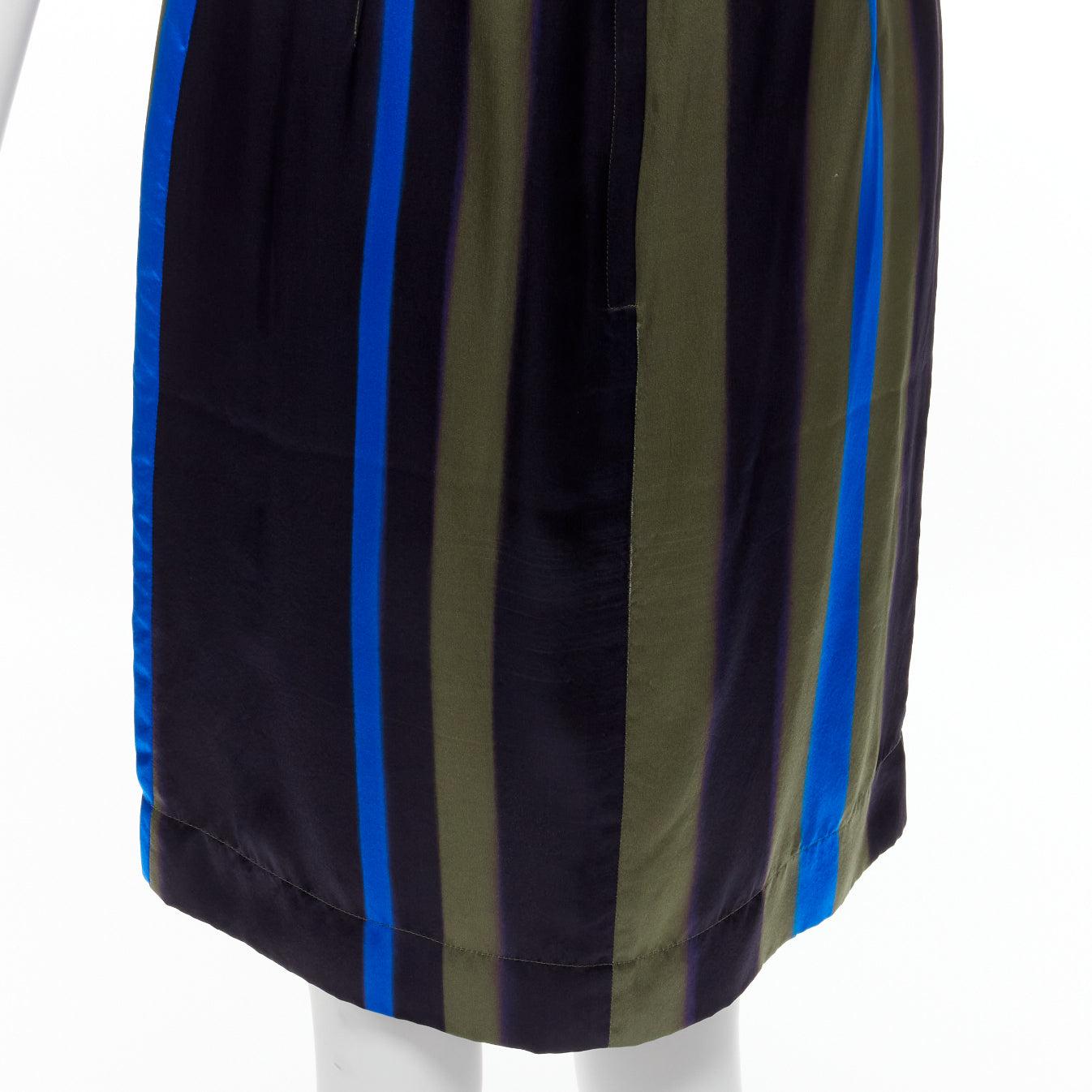 LANVIN 100% silk khaki blue abstract invert darts dress FR36 S For Sale 3