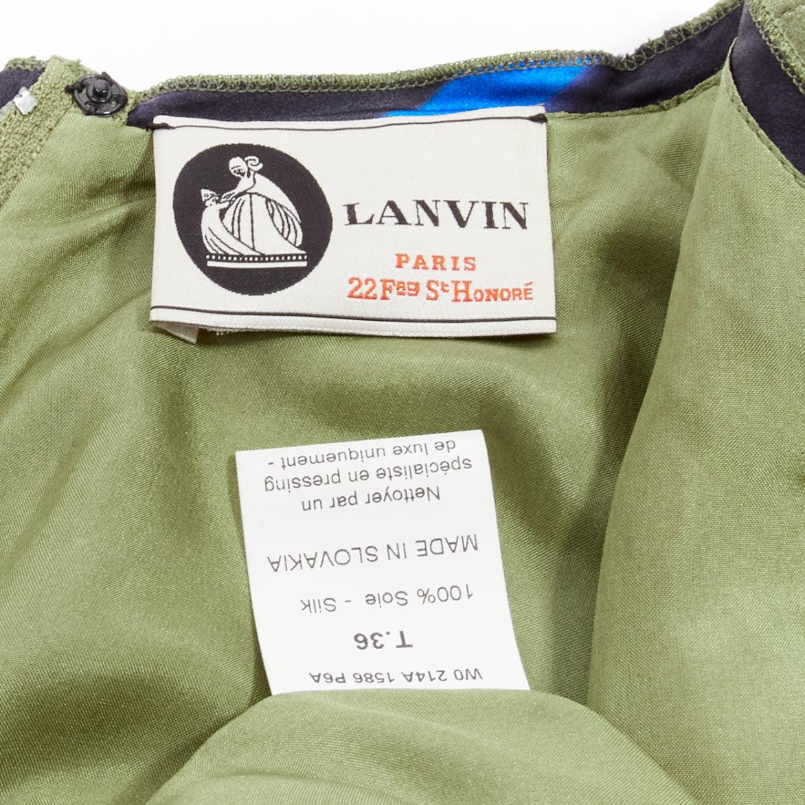 LANVIN 100% Seide khaki blau abstrakt invertierte Abnäher Kleid FR36 S im Angebot 4