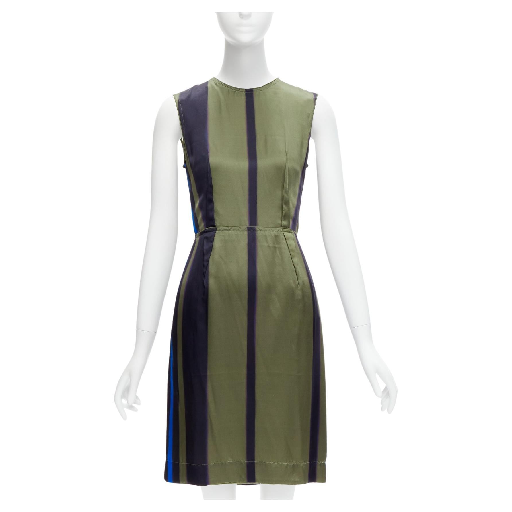 LANVIN 100% Seide khaki blau abstrakt invertierte Abnäher Kleid FR36 S im Angebot