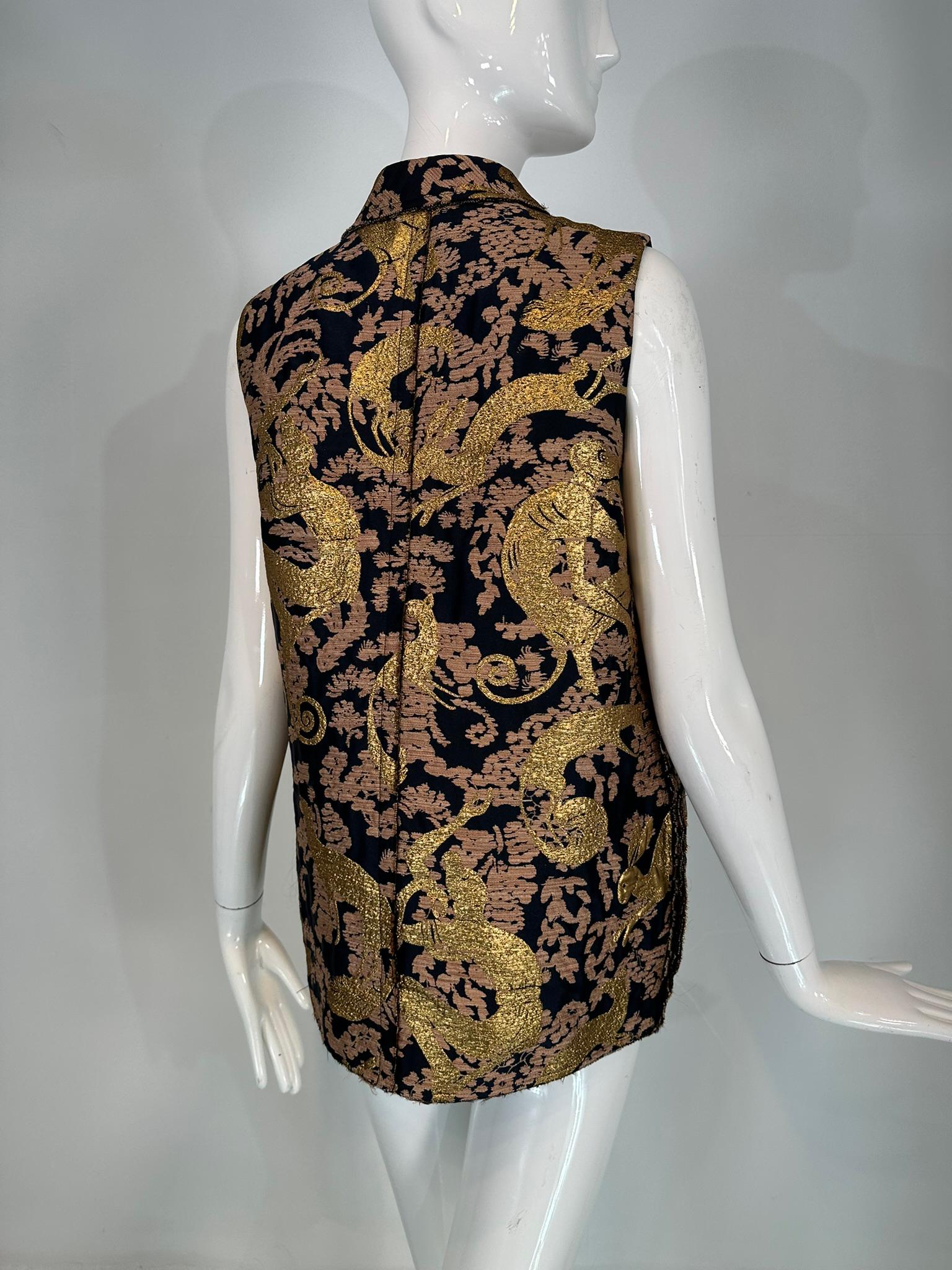 Lanvin 125 Ete 2015 Gold Brocade Monkey Oversize Vest with Pockets Cats 40 5