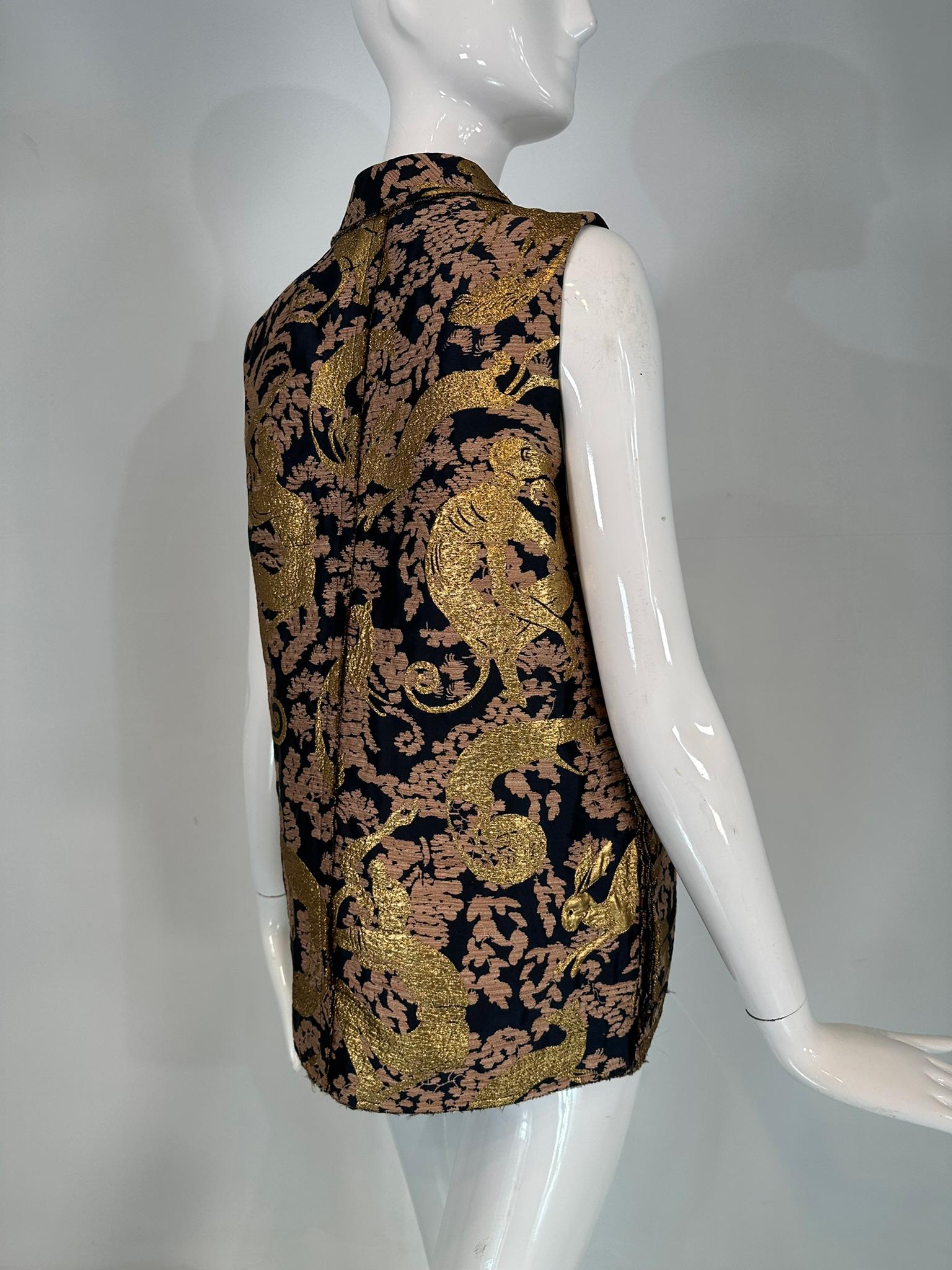 Lanvin 125 Ete 2015 Gold Brocade Monkey Oversize Vest with Pockets Cats 40 6